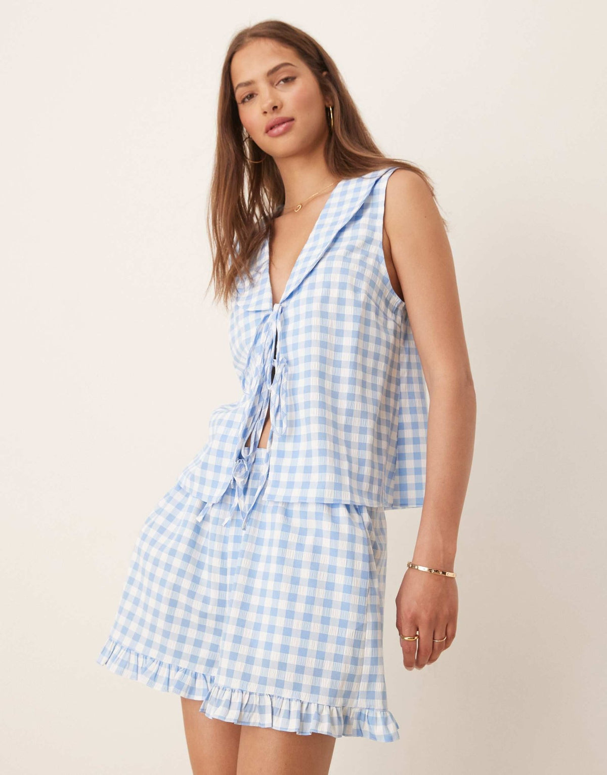 ASOS DESIGN ruffle pull on shorts co-ord in blue and white gingham - ASOS Sample Sale