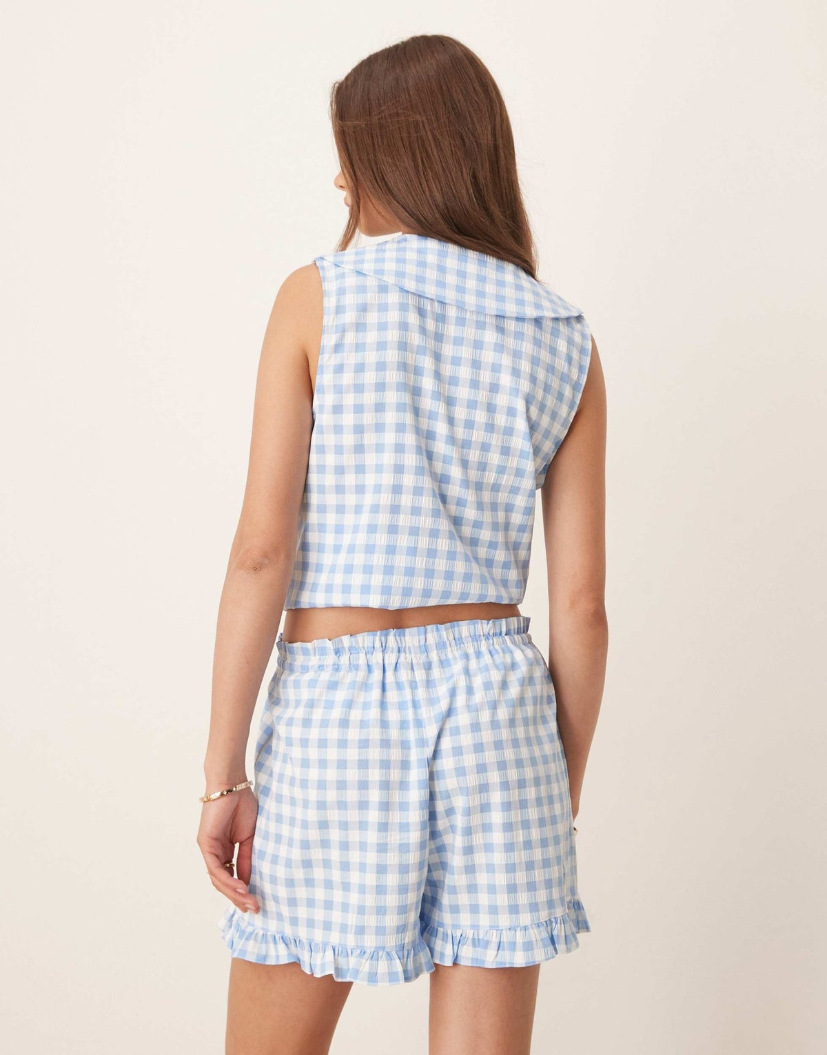 ASOS DESIGN ruffle pull on shorts co-ord in blue and white gingham - ASOS Sample Sale
