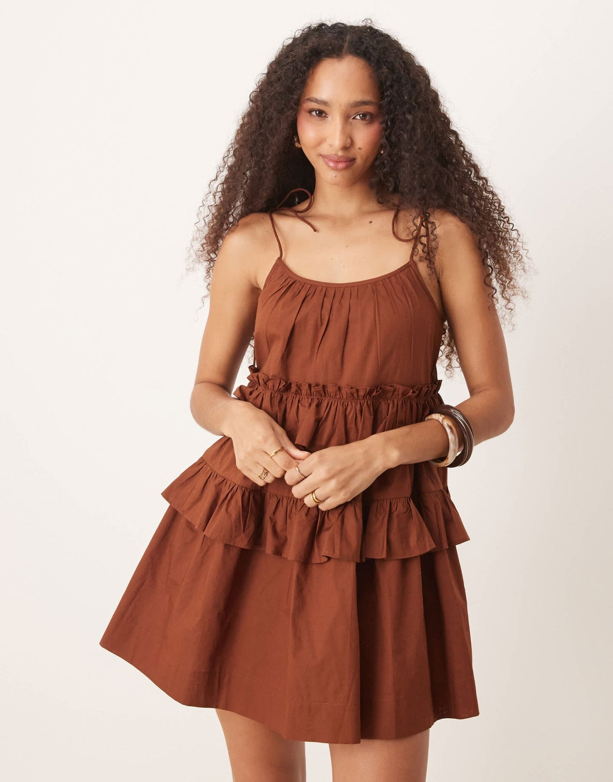ASOS DESIGN ruffle tiered mini dress in chocolate - ASOS Sample Sale