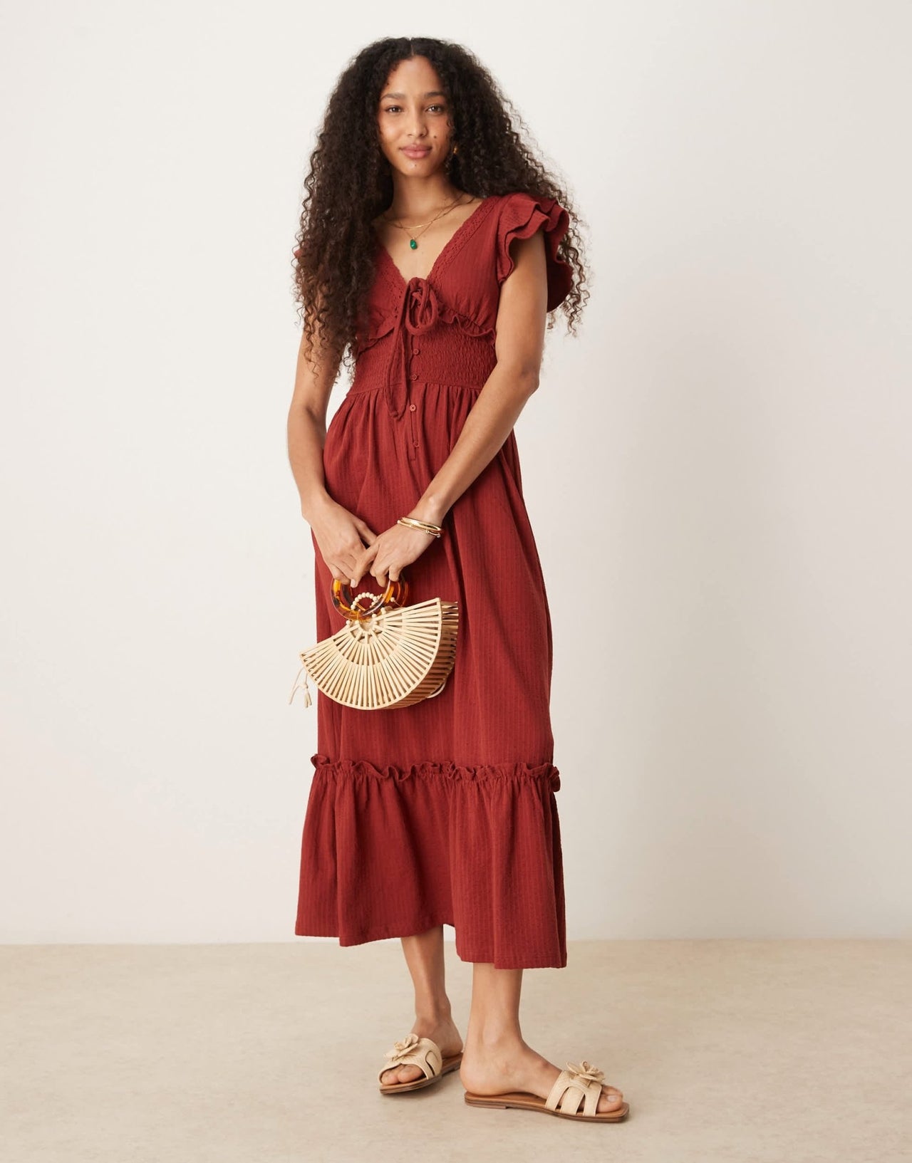 ASOS DESIGN ruffle V neck seersucker midi dress in rust - ASOS Sample Sale