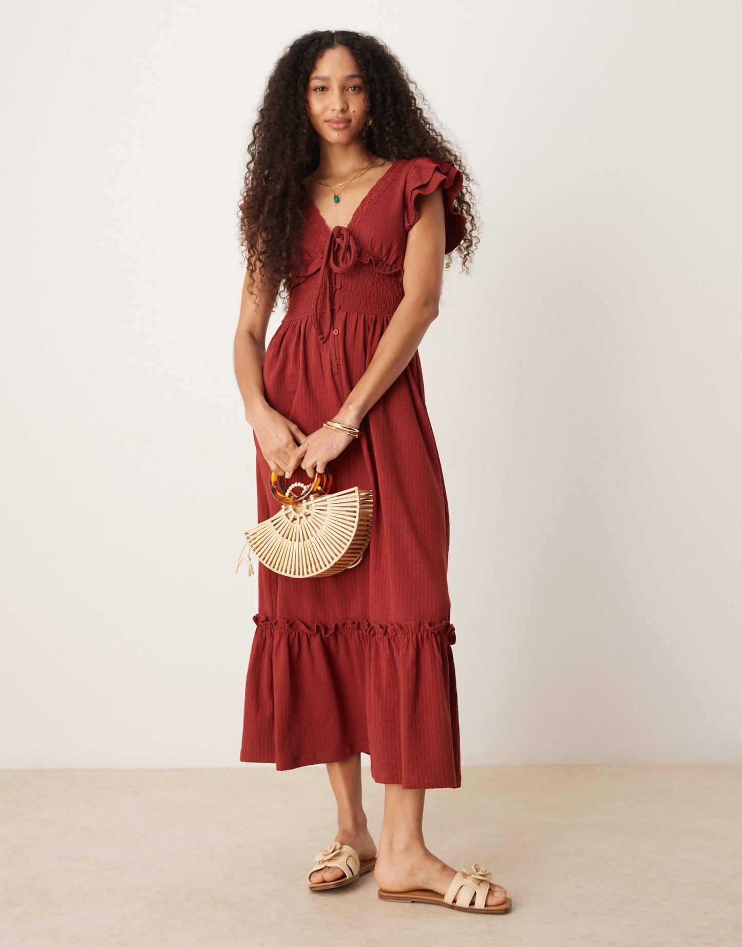 ASOS DESIGN ruffle V neck seersucker midi dress in rust - ASOS Sample Sale