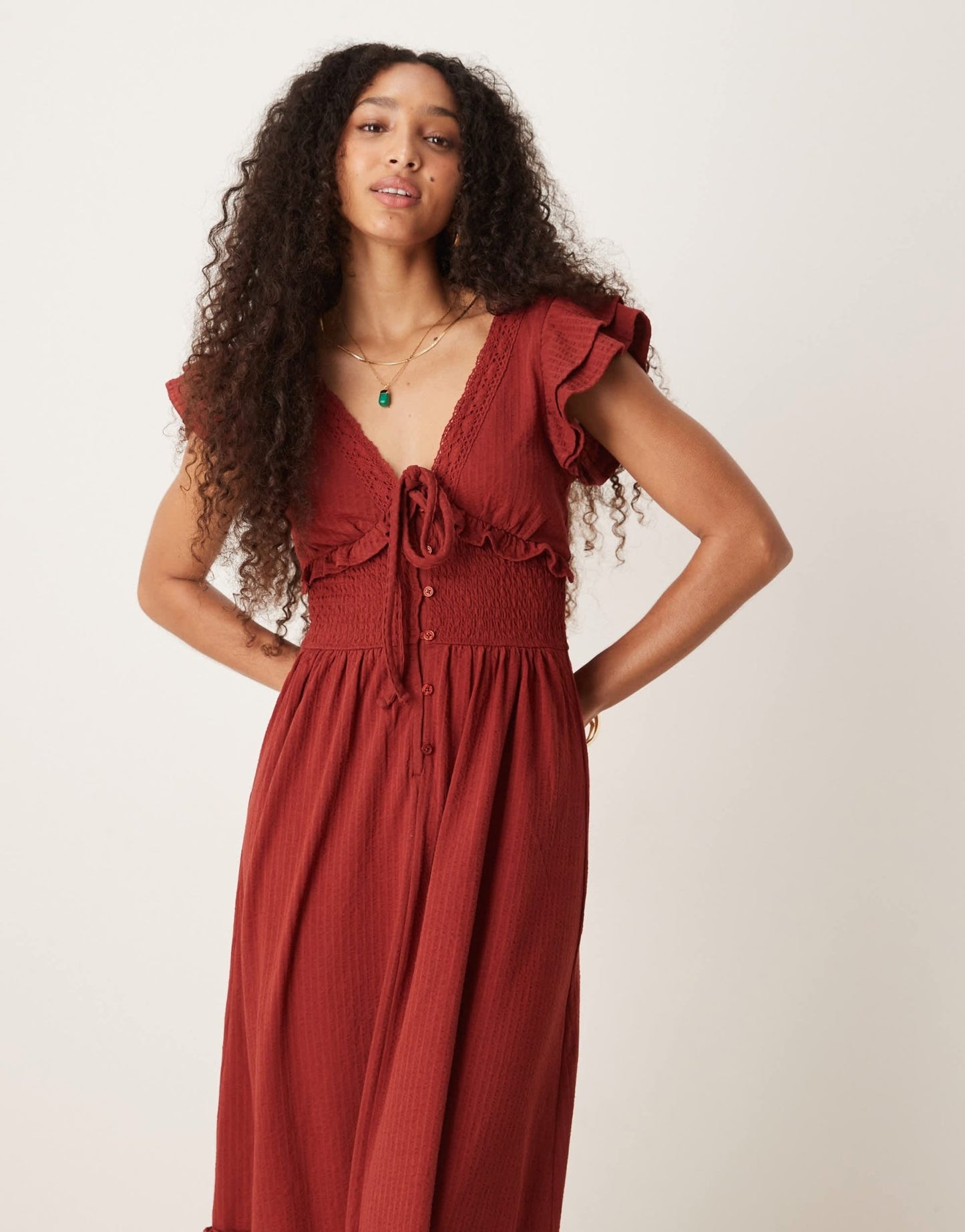 ASOS DESIGN ruffle V neck seersucker midi dress in rust - ASOS Sample Sale