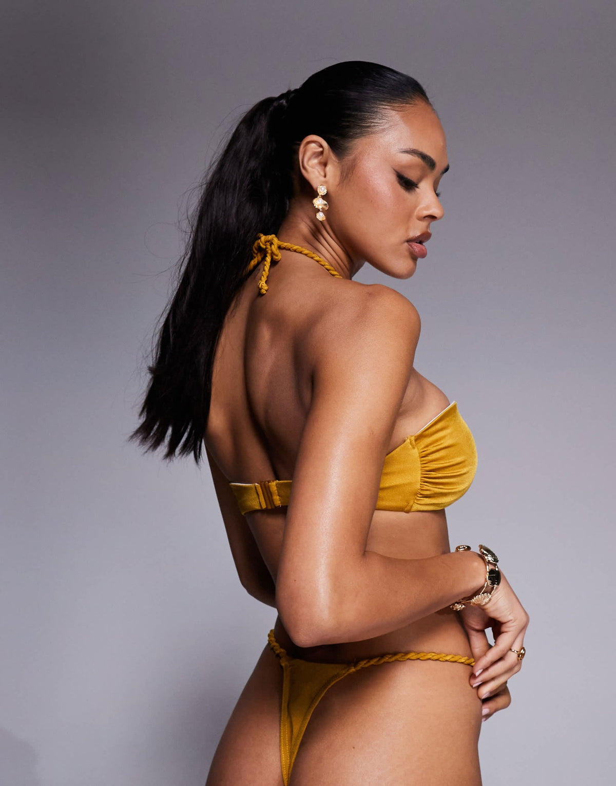 ASOS DESIGN Sammi high leg tanga thong with plaited straps in gold - ASOS Sample Sale