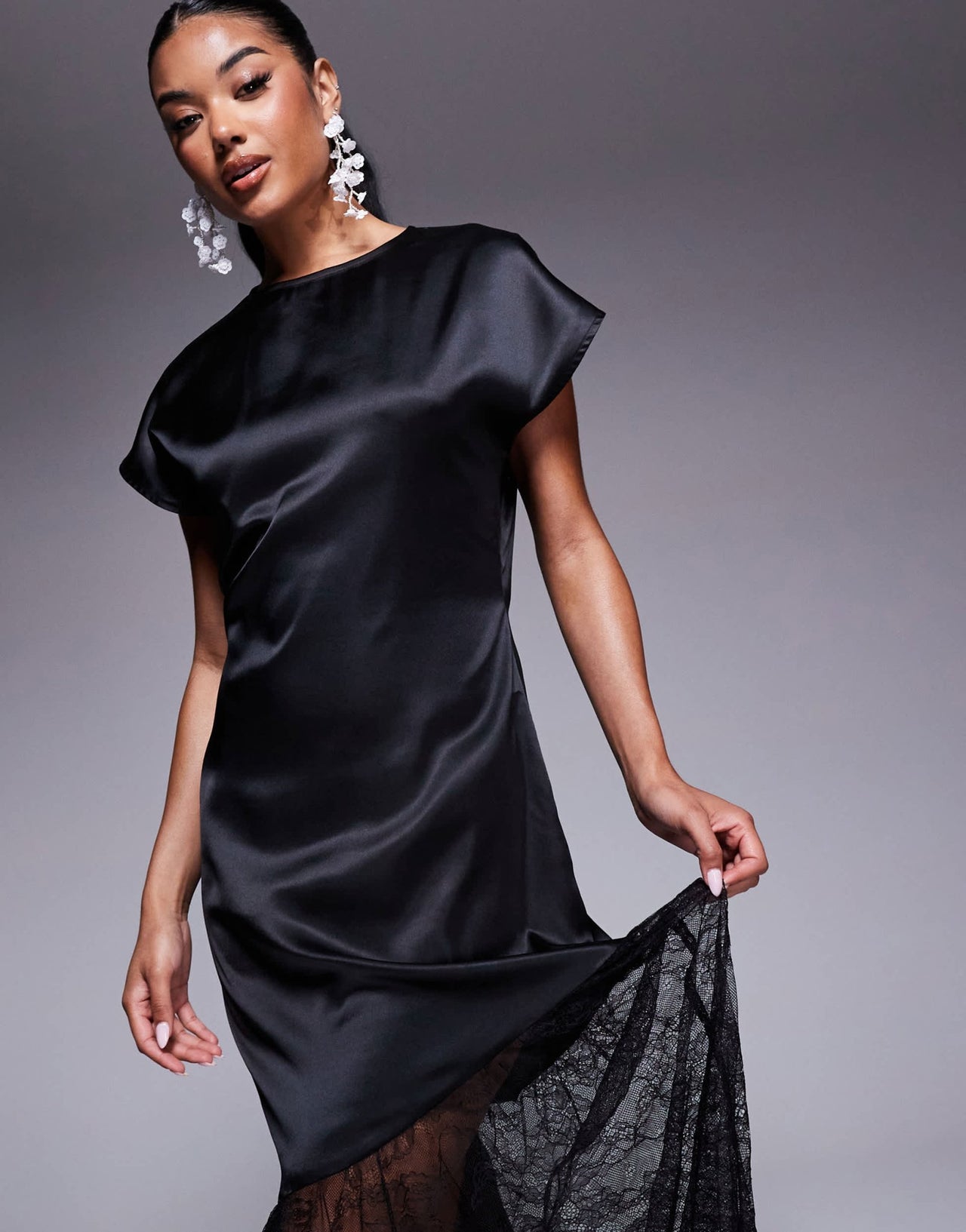 ASOS DESIGN satin and lace mix maxi t shirt dress in black - ASOS Sample Sale
