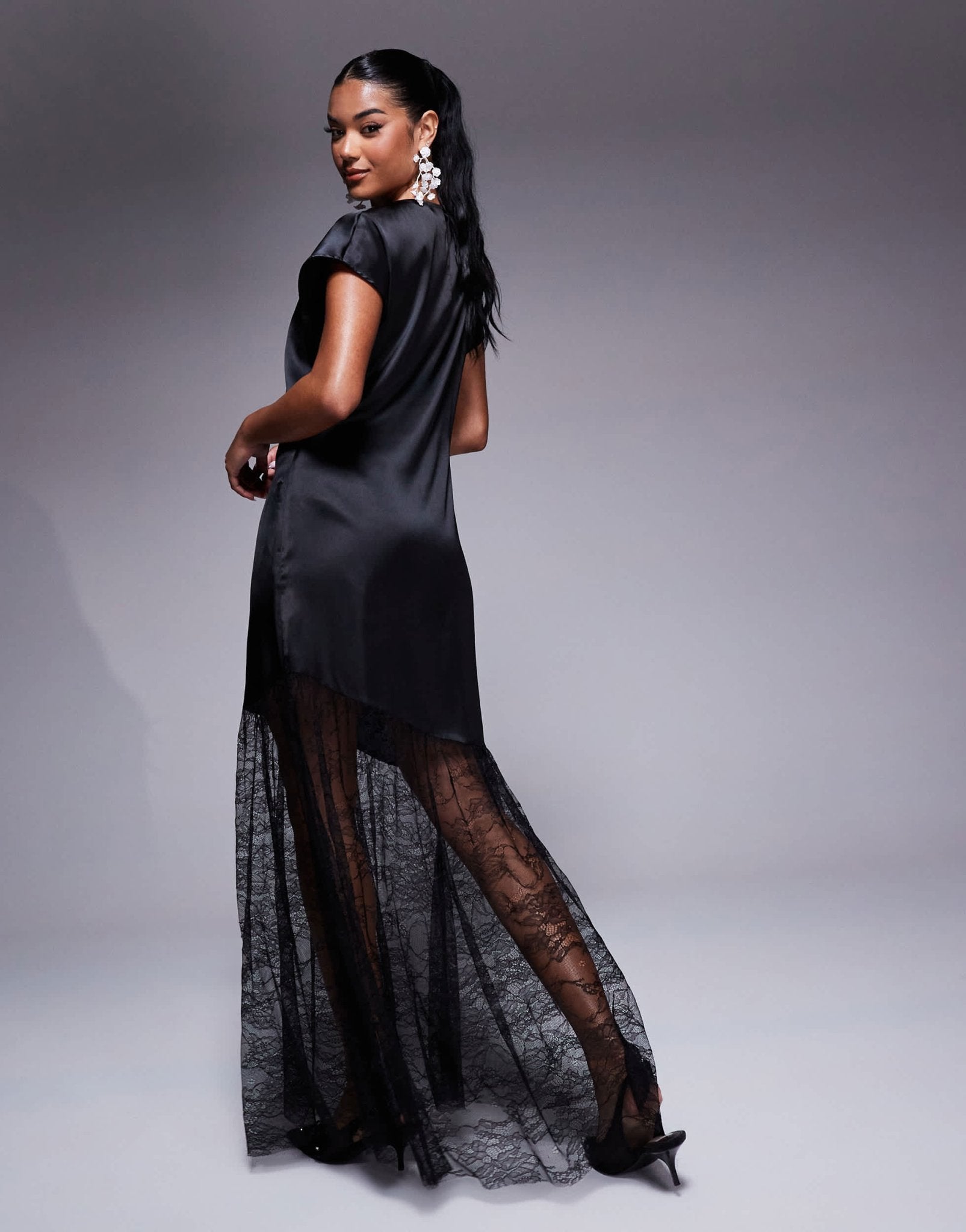 ASOS DESIGN satin and lace mix maxi t shirt dress in black - ASOS Sample Sale