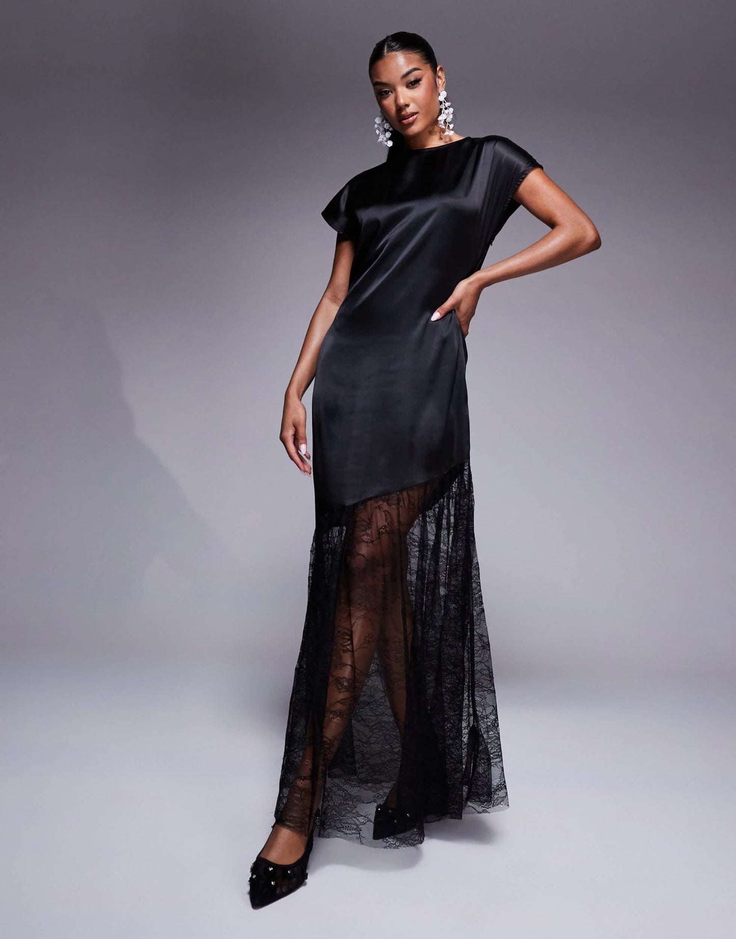 ASOS DESIGN satin and lace mix maxi t shirt dress in black - ASOS Sample Sale