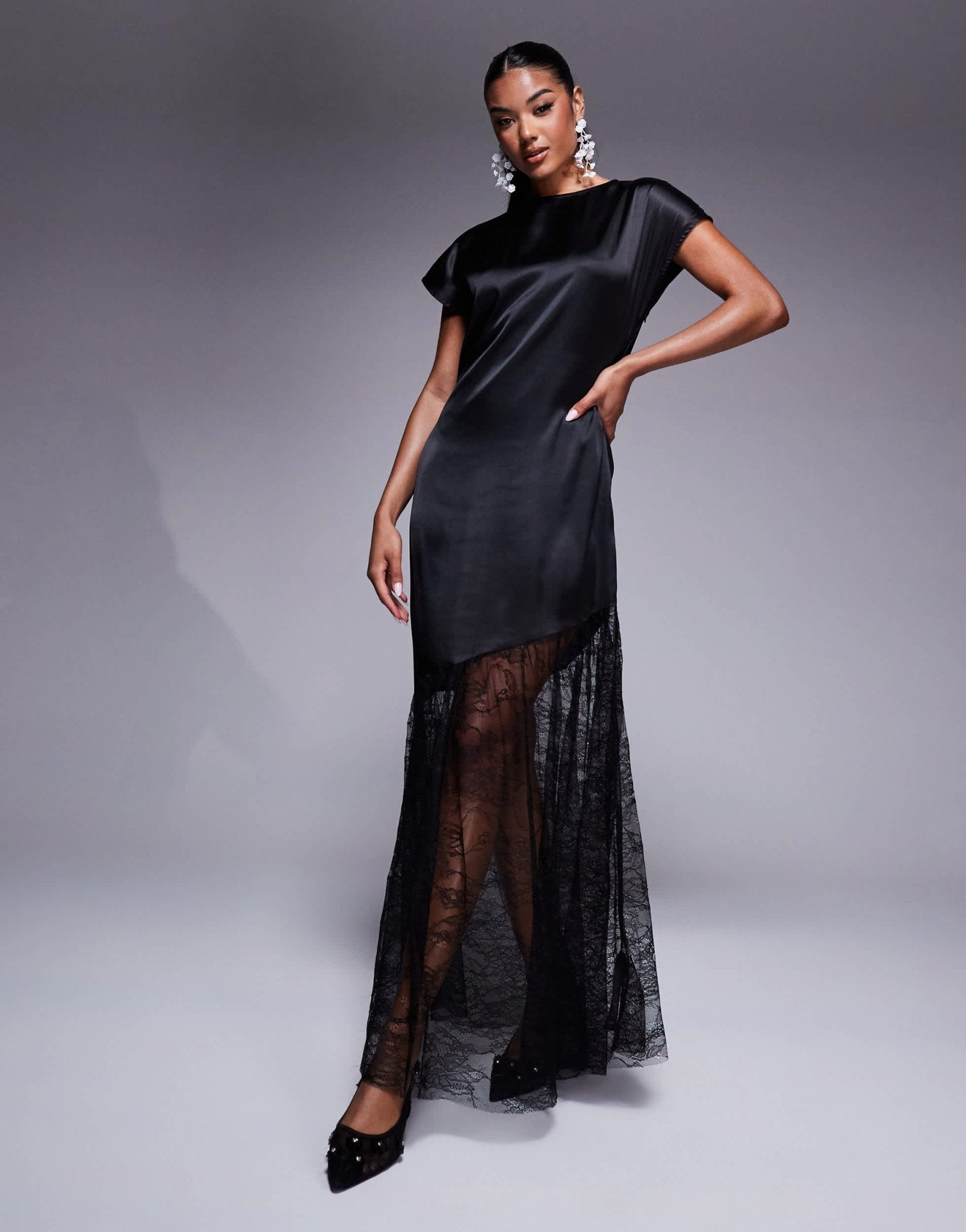 ASOS DESIGN satin and lace mix maxi t shirt dress in black - ASOS Sample Sale