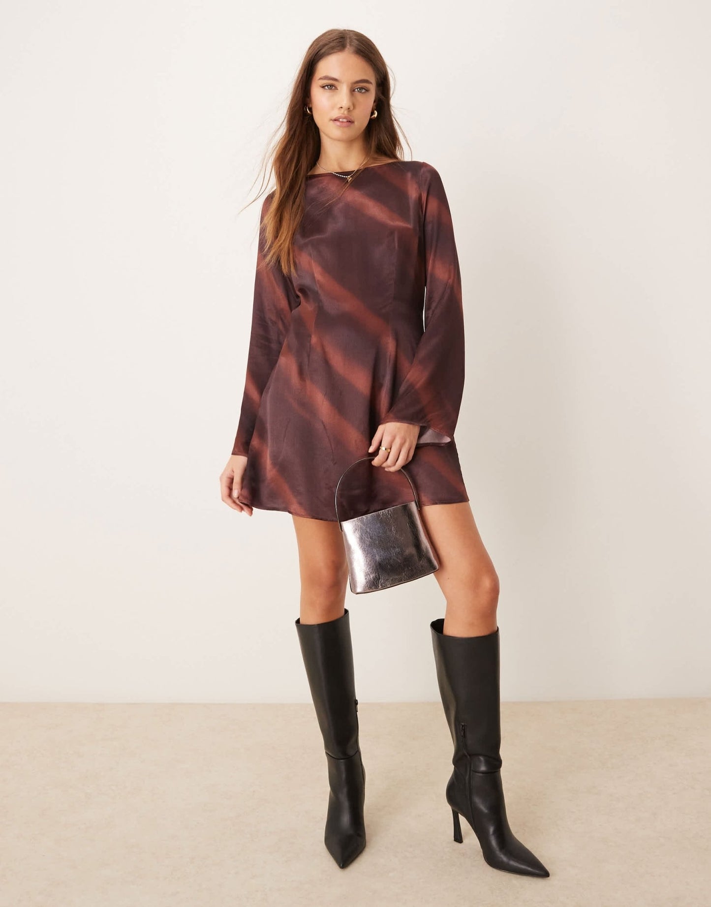 ASOS DESIGN satin angel sleeve slash neck in choc tie dye print - ASOS Sample Sale