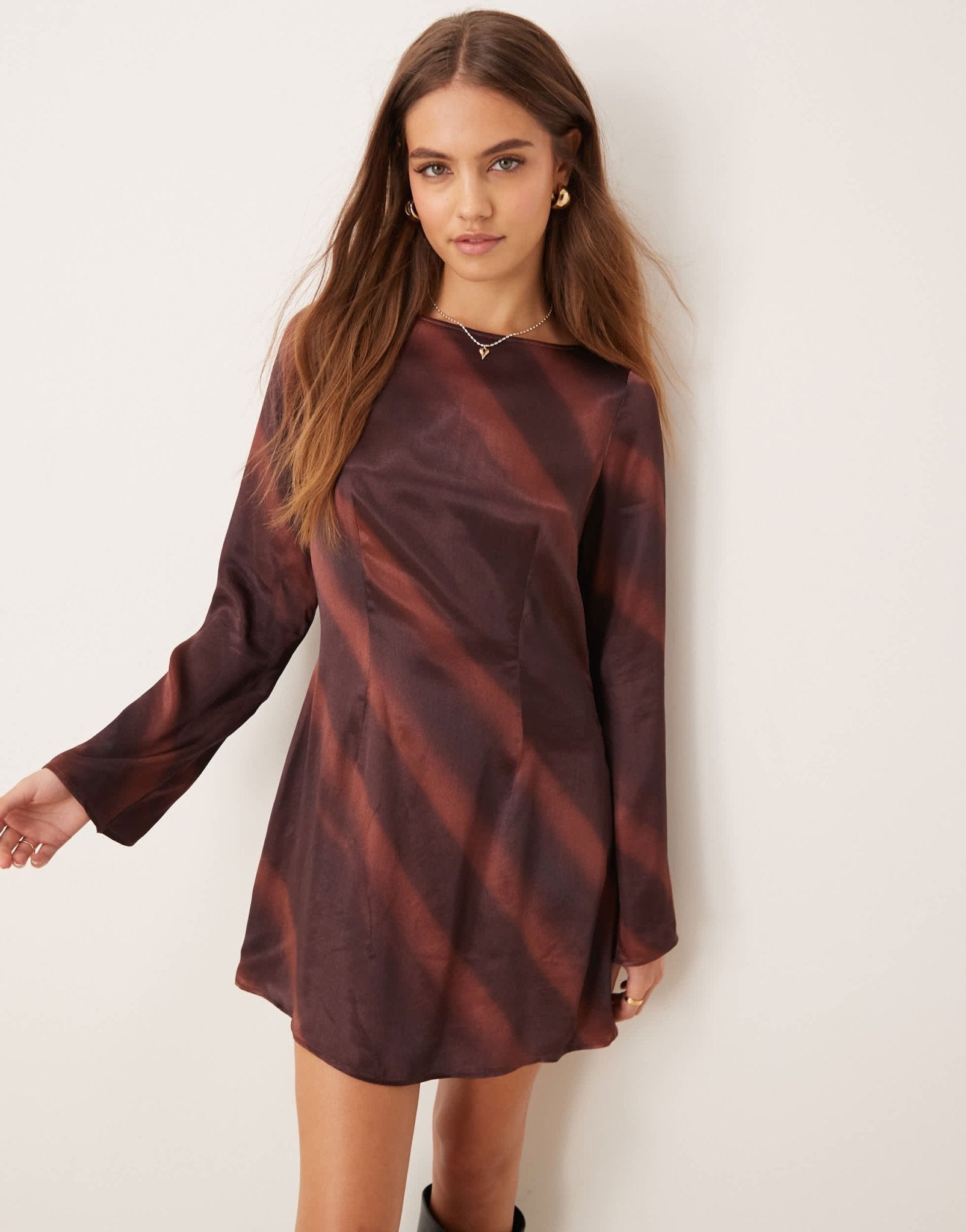 ASOS DESIGN satin angel sleeve slash neck in choc tie dye print - ASOS Sample Sale