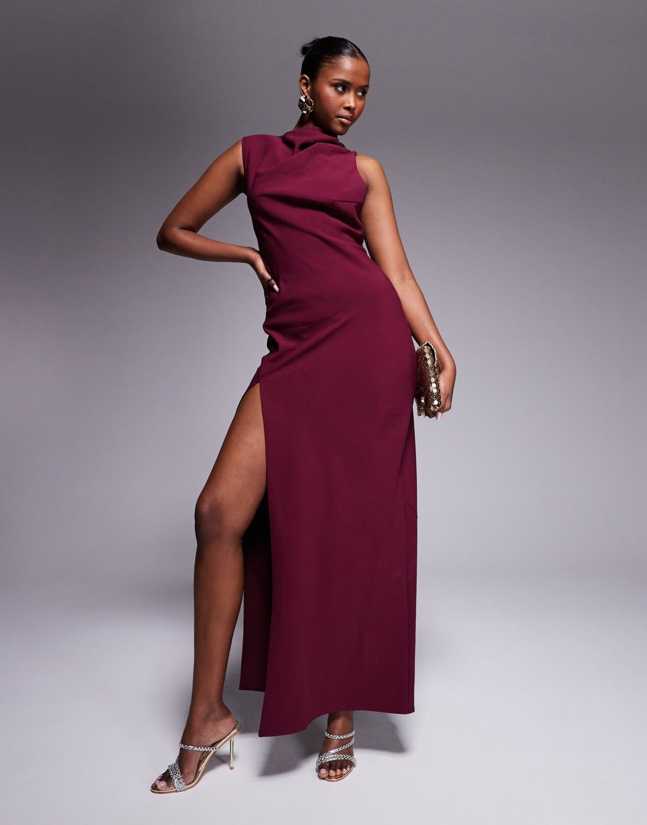 ASOS DESIGN satin asymmetric neck side bust maxi dress in burgundy - ASOS Sample Sale