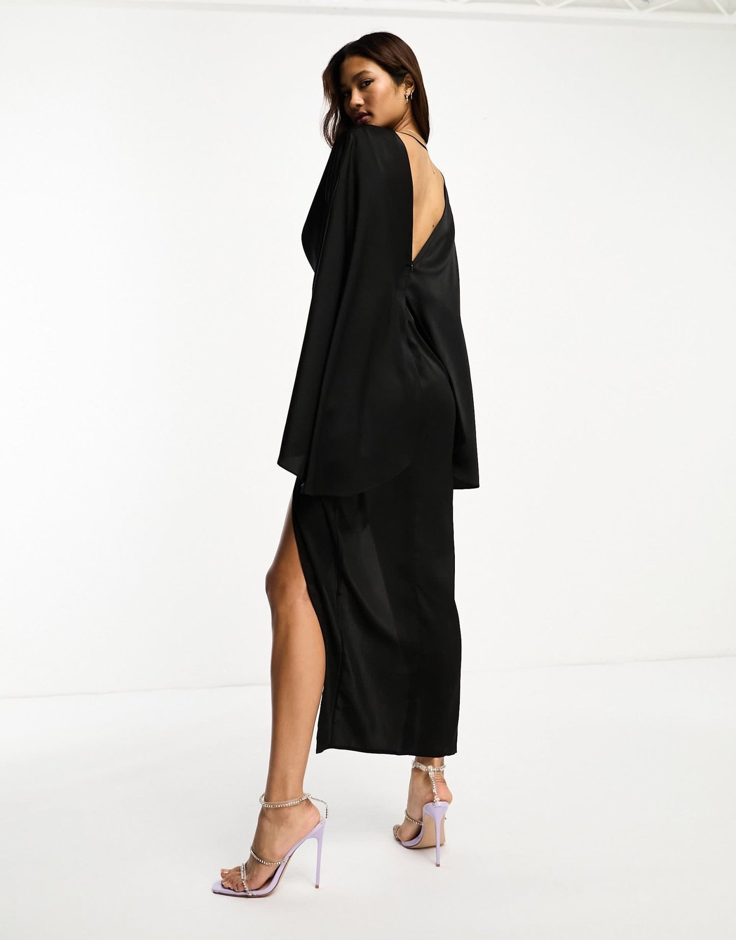 ASOS DESIGN satin batwing pleat midi dress with drape skirt in black - ASOS Sample Sale