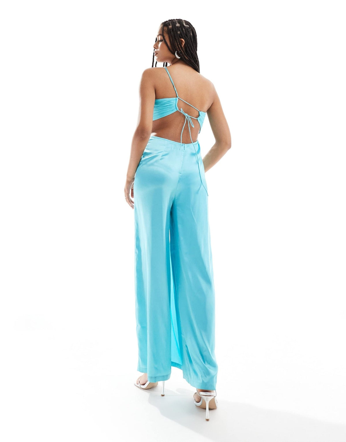 ASOS DESIGN satin chiffon mix cut out wide leg jumpsuit in turquoise - ASOS Sample Sale