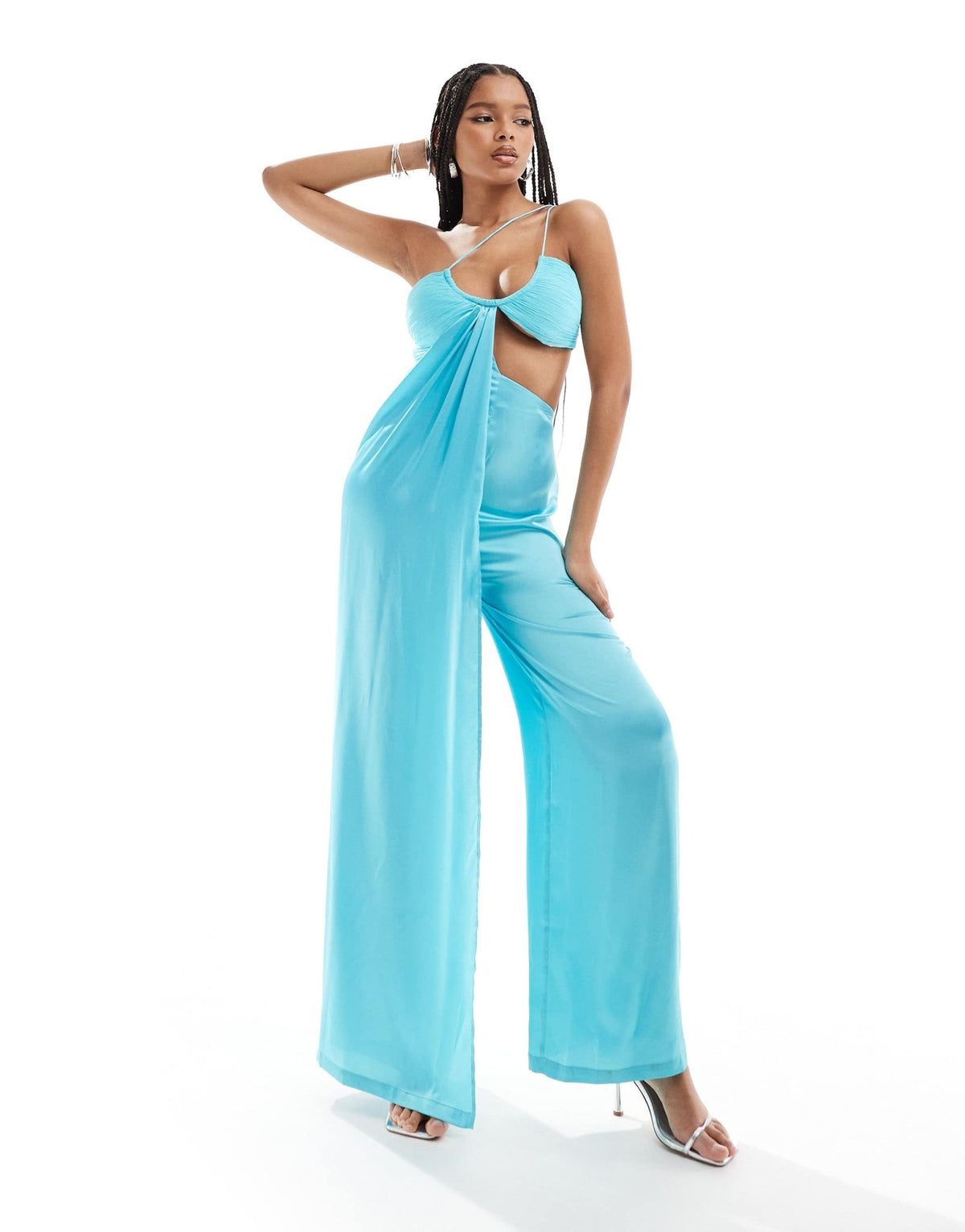 ASOS DESIGN satin chiffon mix cut out wide leg jumpsuit in turquoise - ASOS Sample Sale