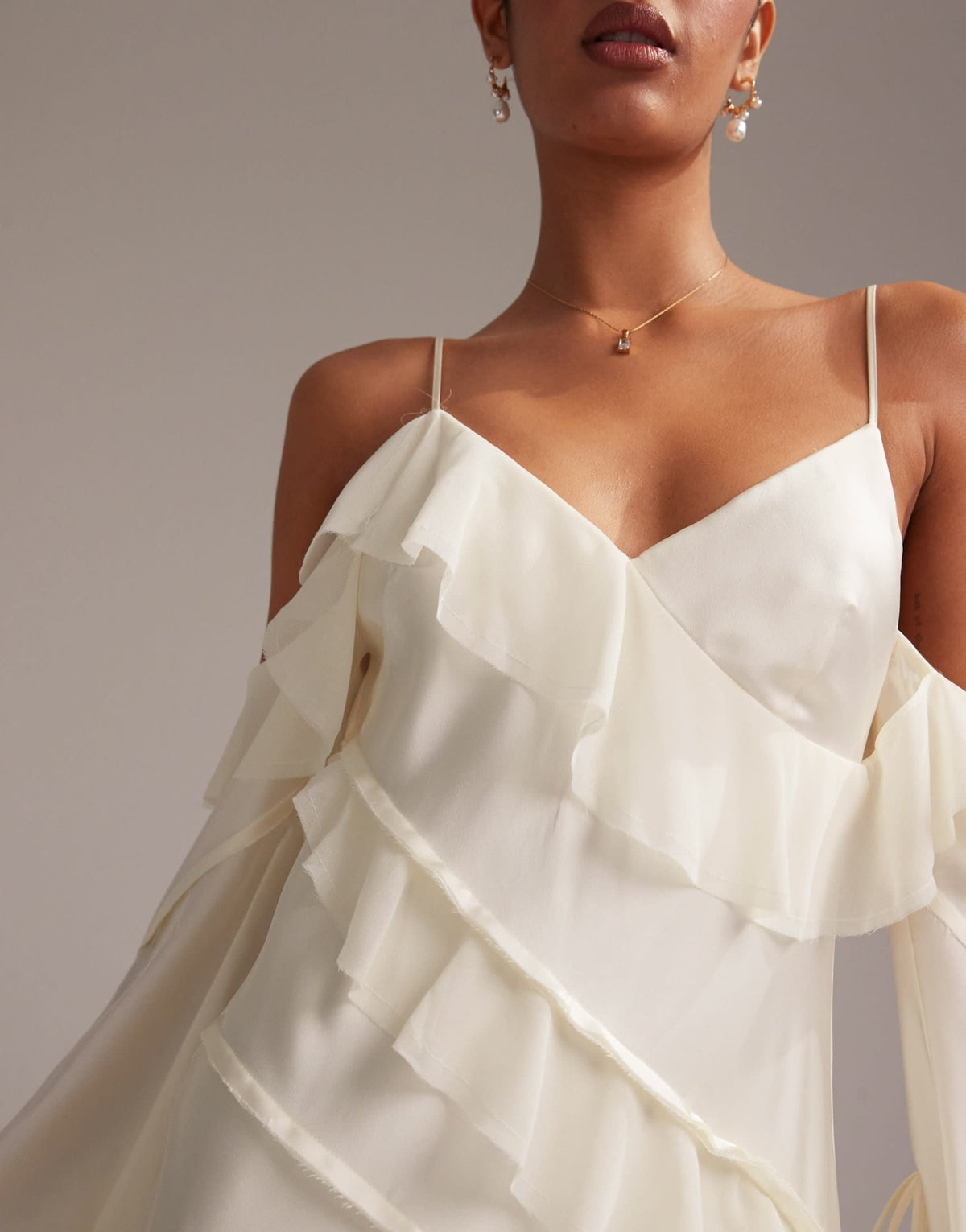 ASOS DESIGN satin chiffon mix ruffle cold shoulder maxi dress in ivory - ASOS Sample Sale