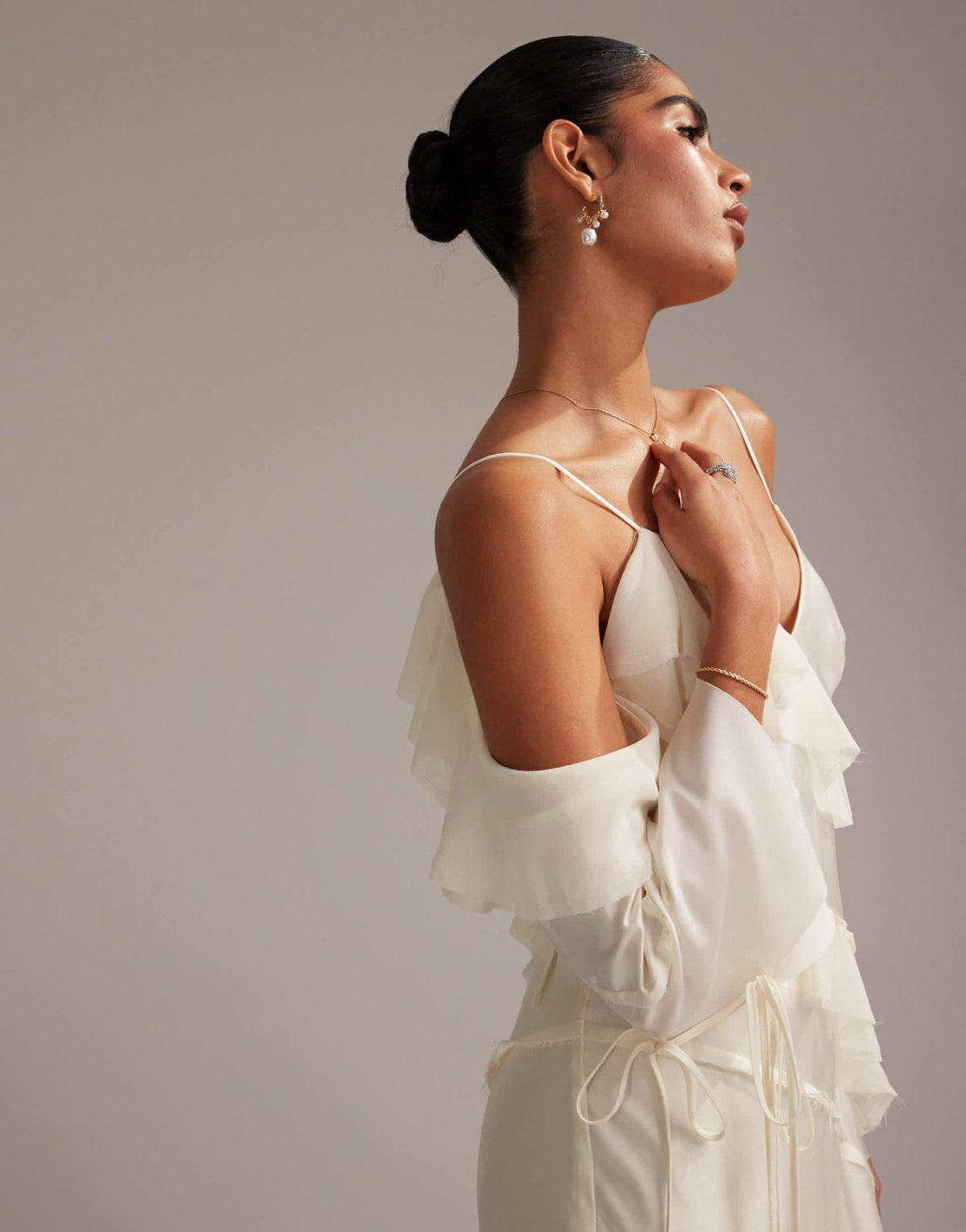 ASOS DESIGN satin chiffon mix ruffle cold shoulder maxi dress in ivory - ASOS Sample Sale