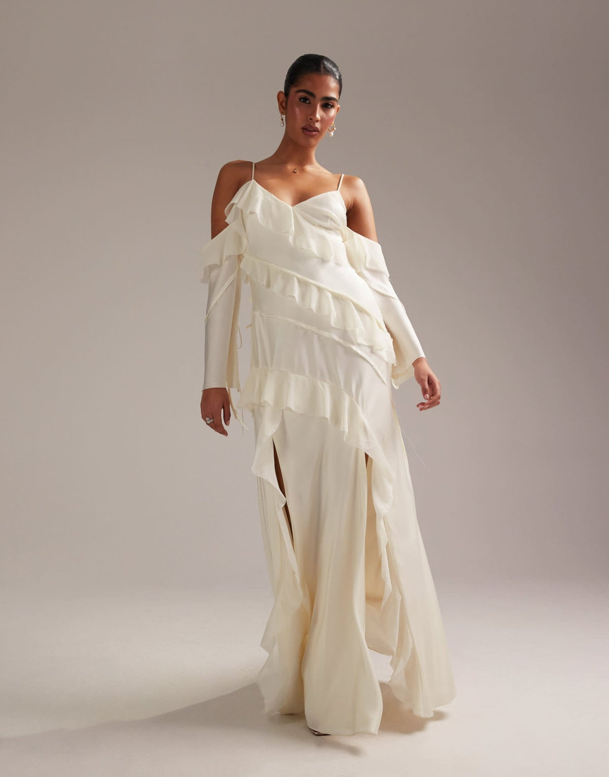 ASOS DESIGN satin chiffon mix ruffle cold shoulder maxi dress in ivory - ASOS Sample Sale