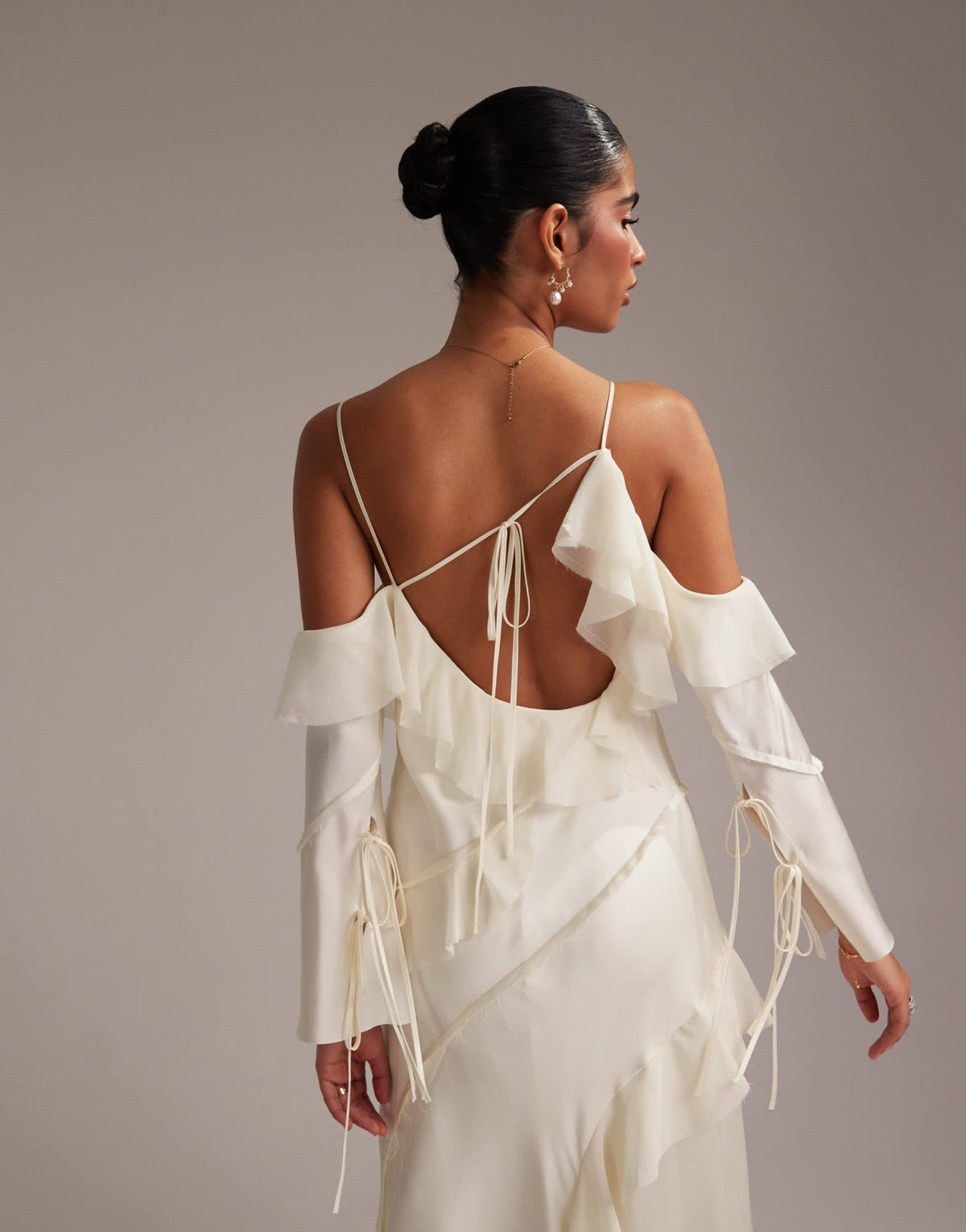 ASOS DESIGN satin chiffon mix ruffle cold shoulder maxi dress in ivory - ASOS Sample Sale
