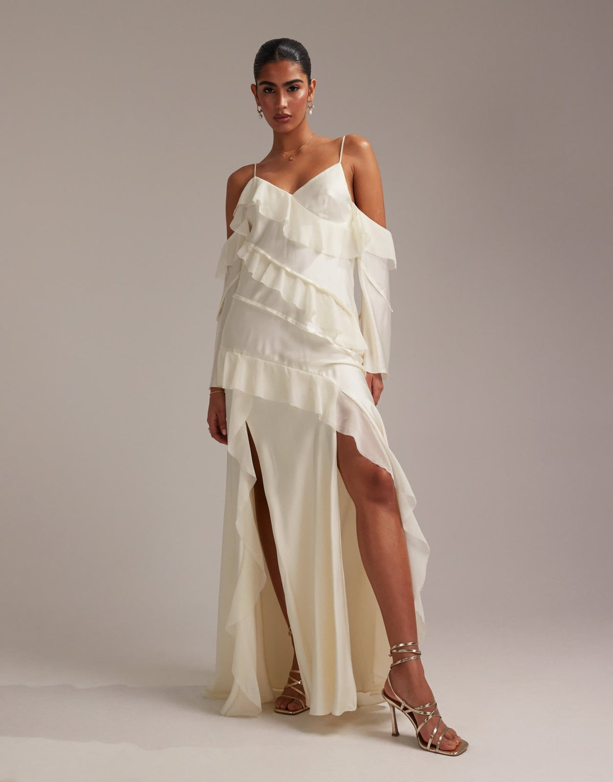 ASOS DESIGN satin chiffon mix ruffle cold shoulder maxi dress in ivory - ASOS Sample Sale
