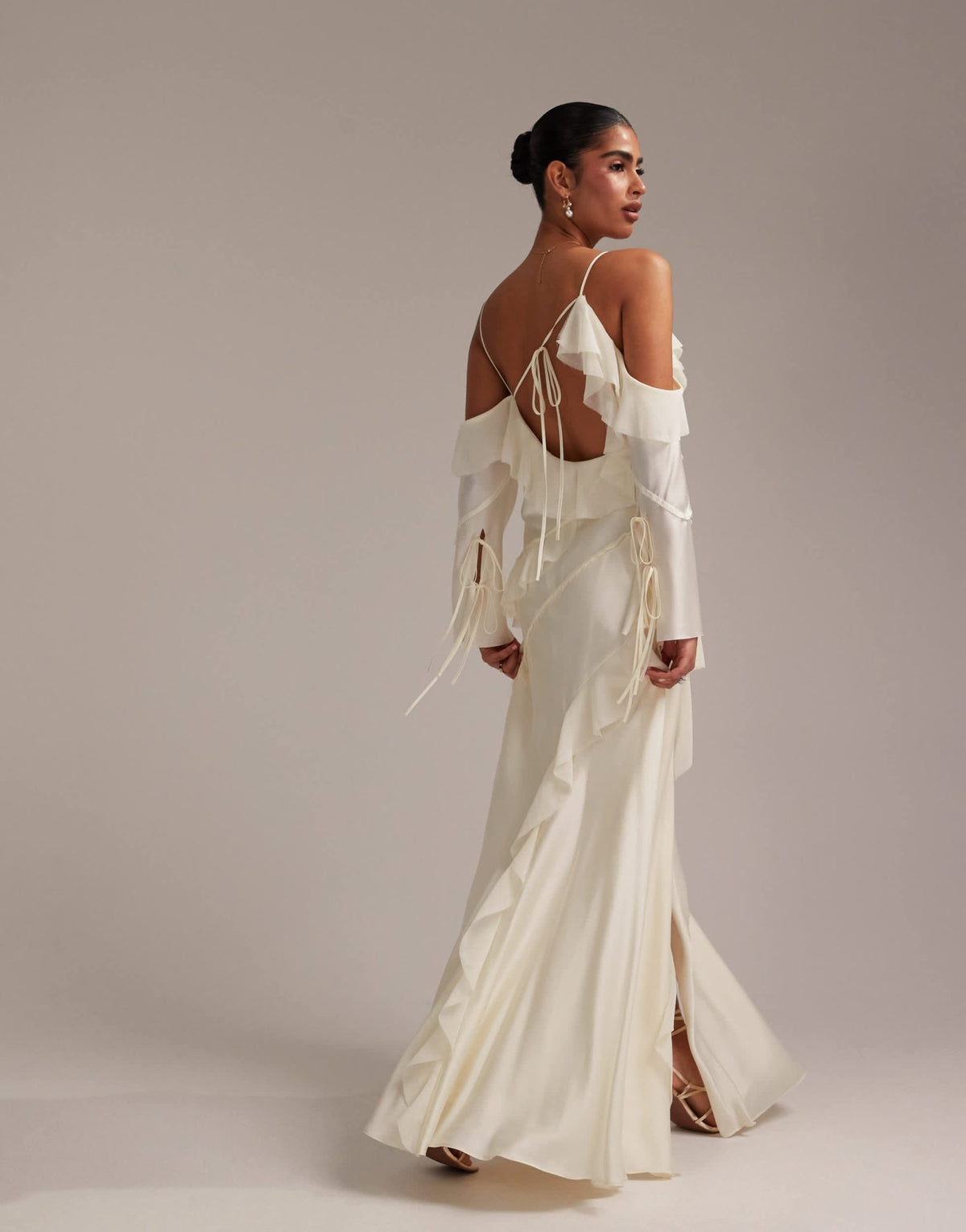 ASOS DESIGN satin chiffon mix ruffle cold shoulder maxi dress in ivory - ASOS Sample Sale