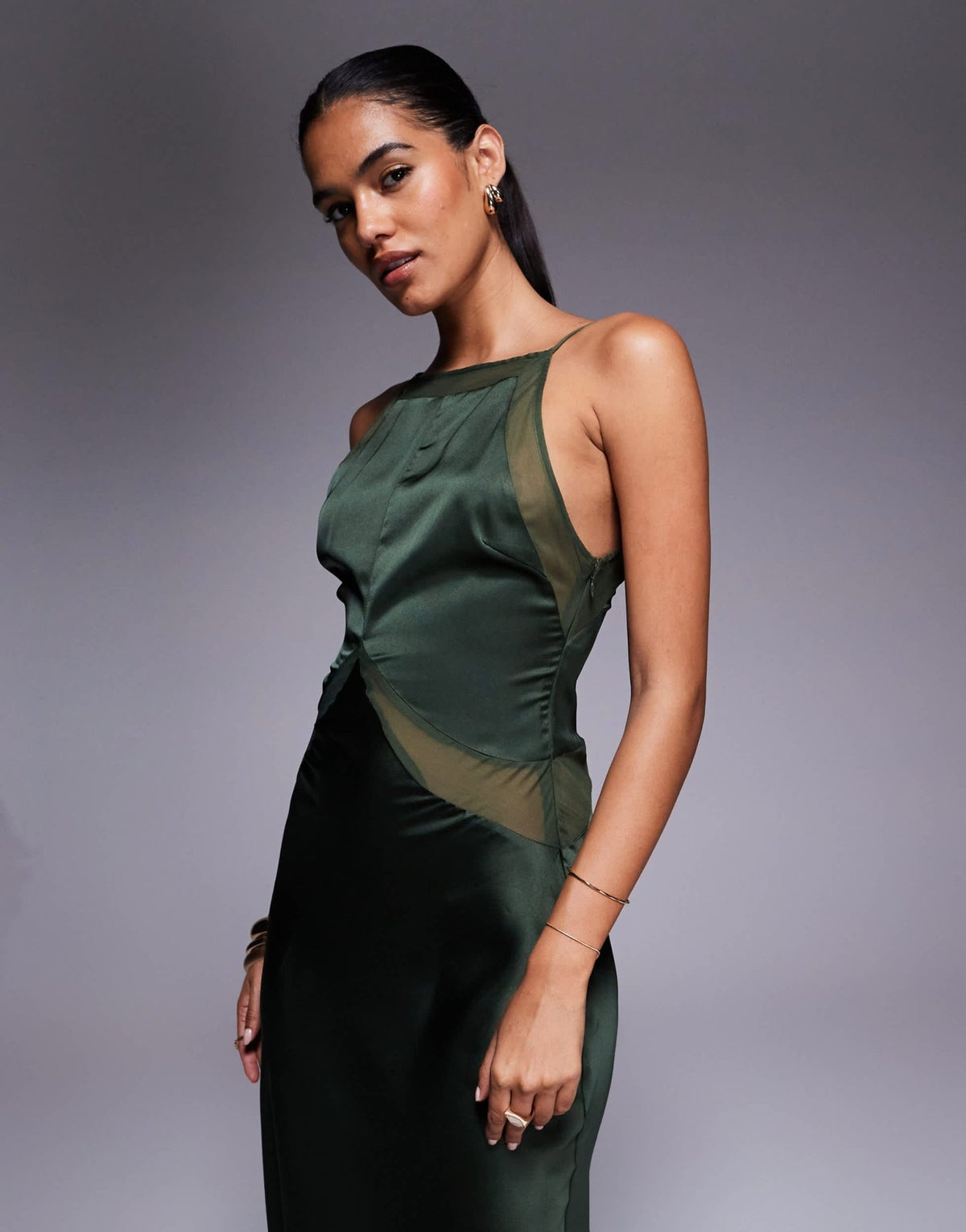 ASOS DESIGN satin chiffon mix square high neck maxi dress in dark green - ASOS Sample Sale