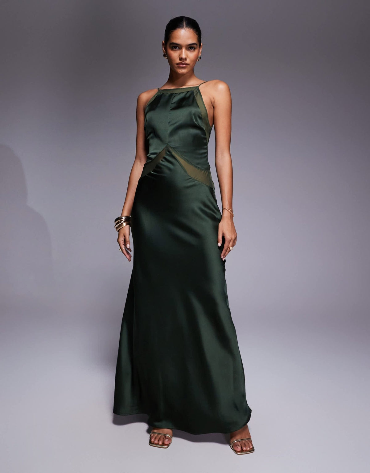 ASOS DESIGN satin chiffon mix square high neck maxi dress in dark green - ASOS Sample Sale