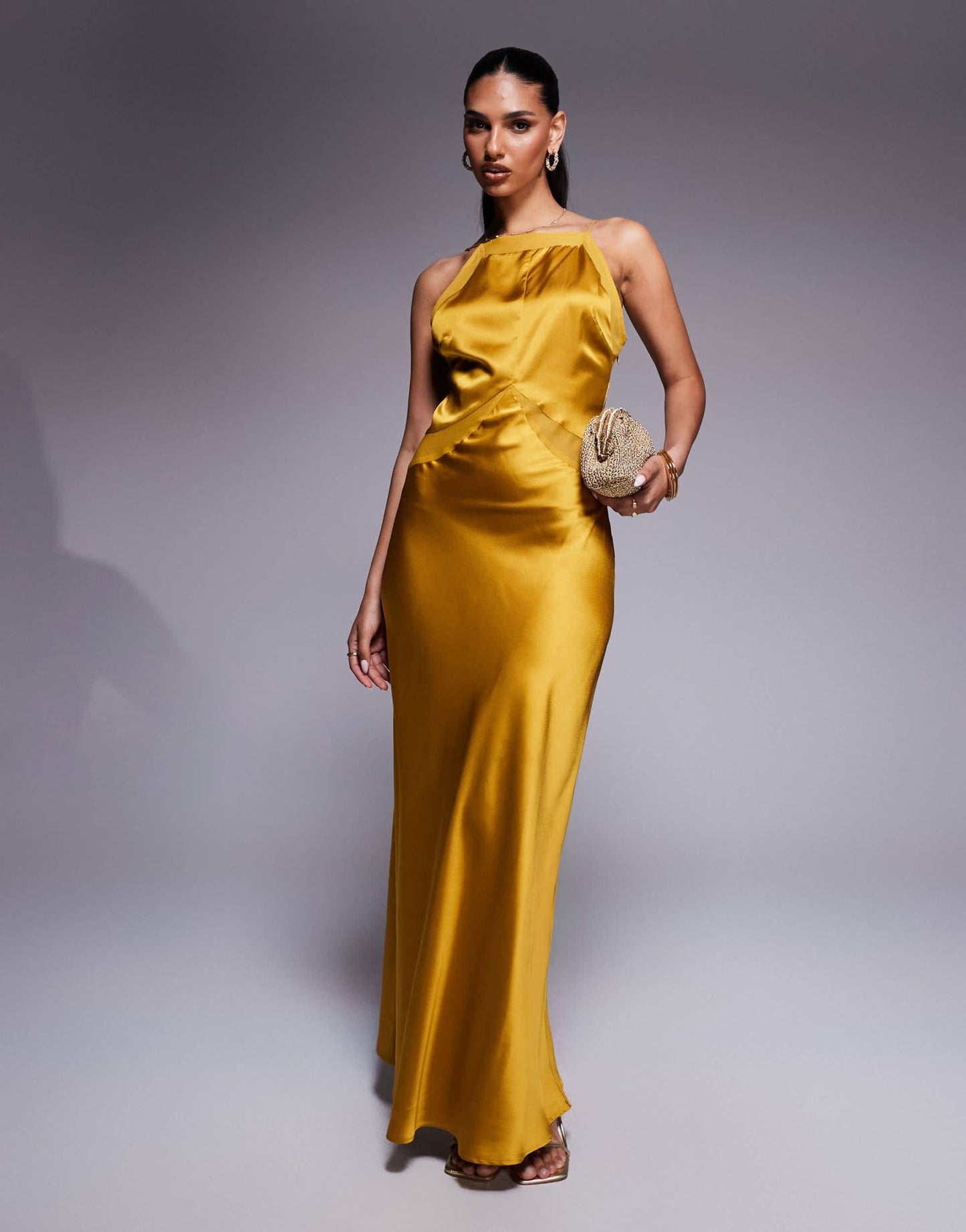 ASOS DESIGN satin chiffon mix square high neck maxi dress in gold - ASOS Sample Sale
