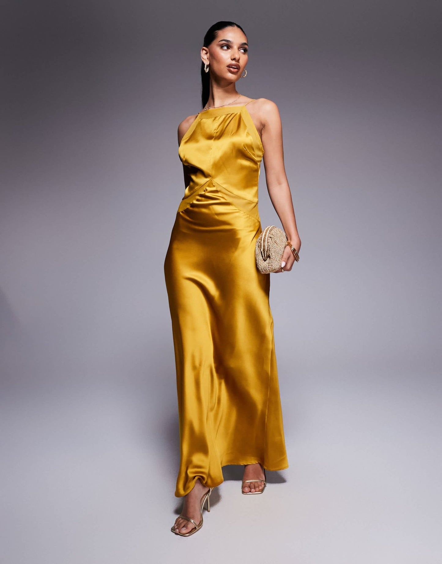 ASOS DESIGN satin chiffon mix square high neck maxi dress in gold - ASOS Sample Sale