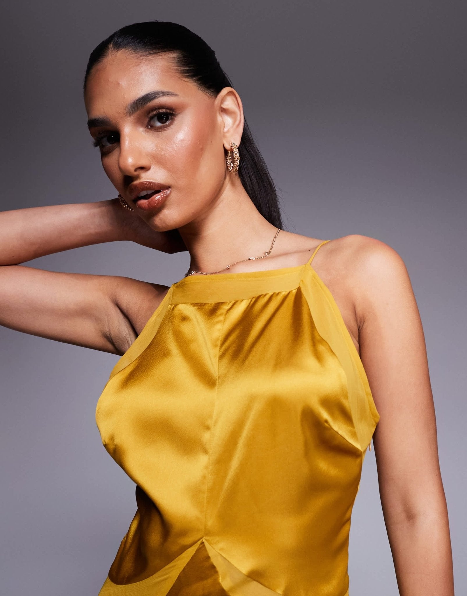 ASOS DESIGN satin chiffon mix square high neck maxi dress in gold - ASOS Sample Sale