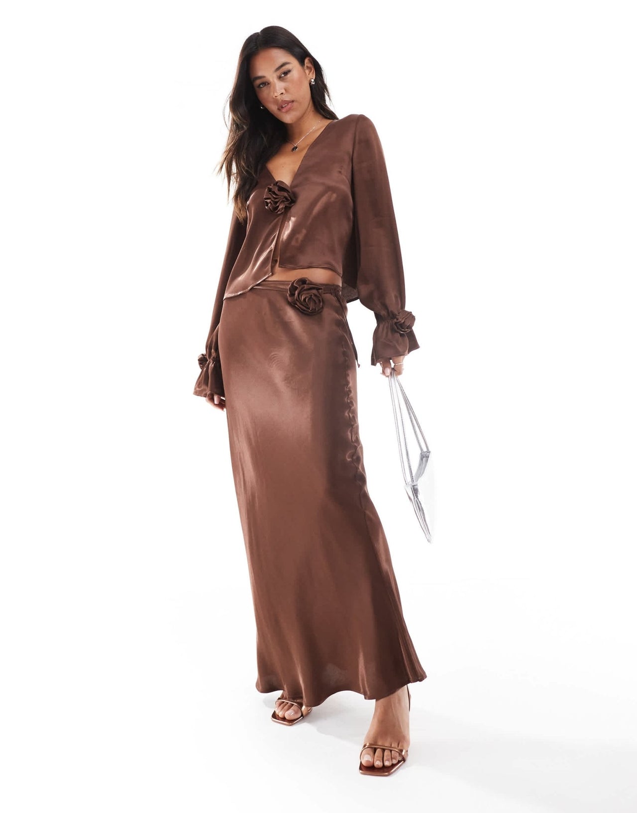 ASOS DESIGN satin corsage detail maxi skirt in chocolate - ASOS Sample Sale