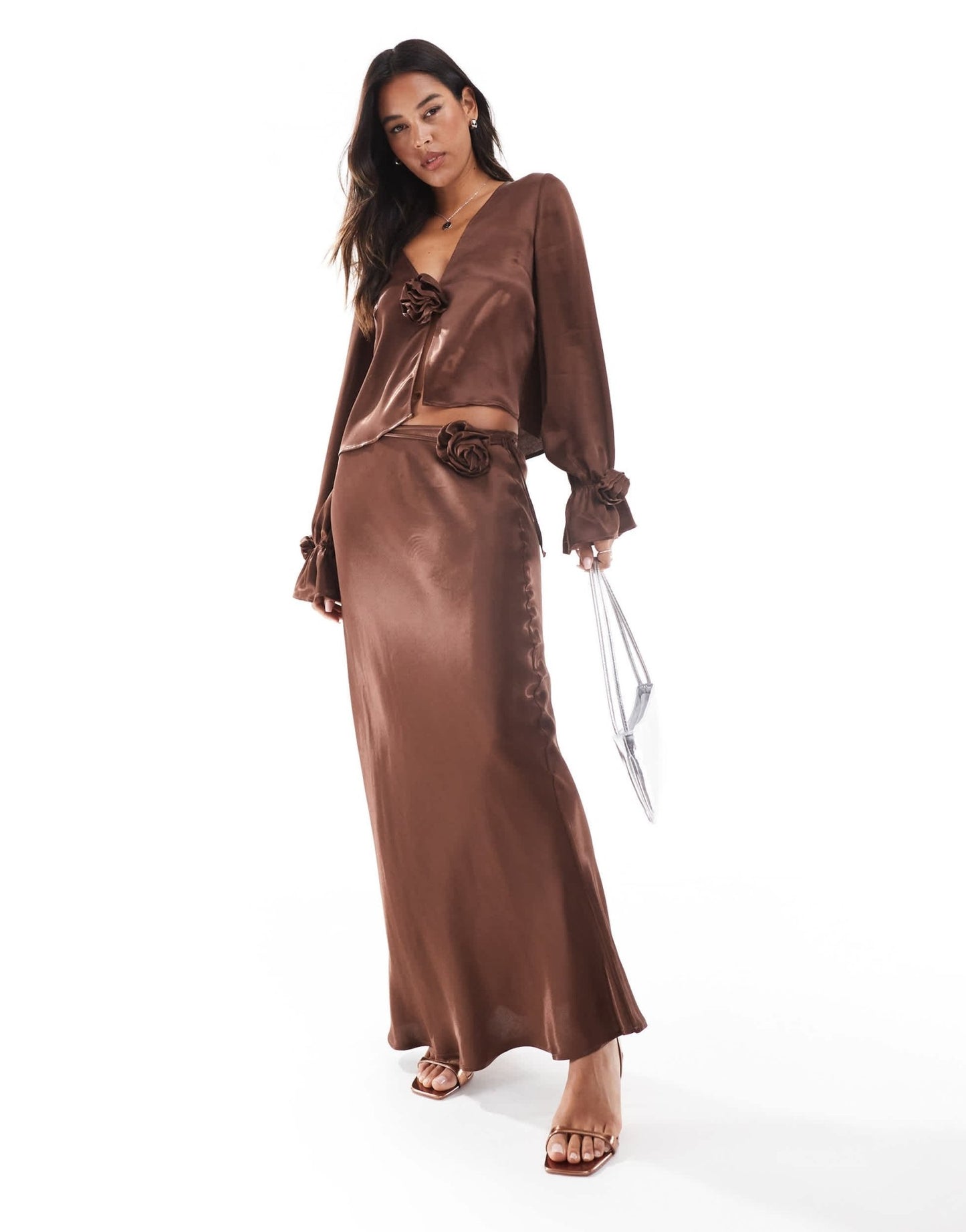 ASOS DESIGN satin corsage detail maxi skirt in chocolate - ASOS Sample Sale