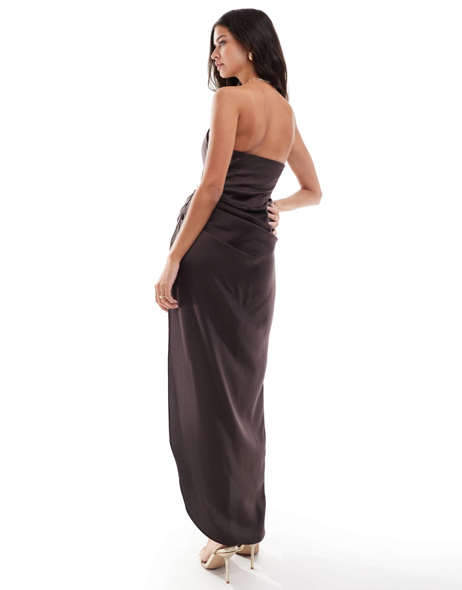 ASOS DESIGN satin corset bandeau draped skirt maxi dress with thigh split in chocolate brown - ASOS Sample Sale