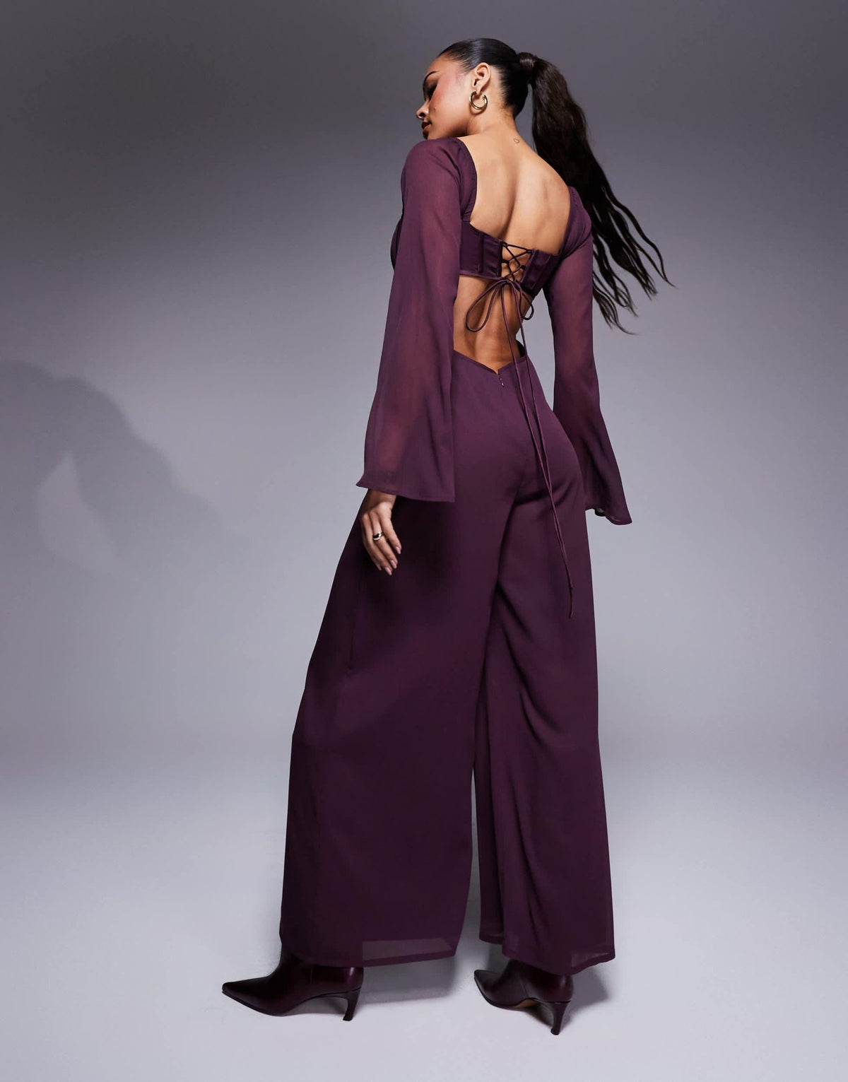 ASOS DESIGN satin corset bust wide leg jumpsuit with cut out in berry - ASOS Sample Sale