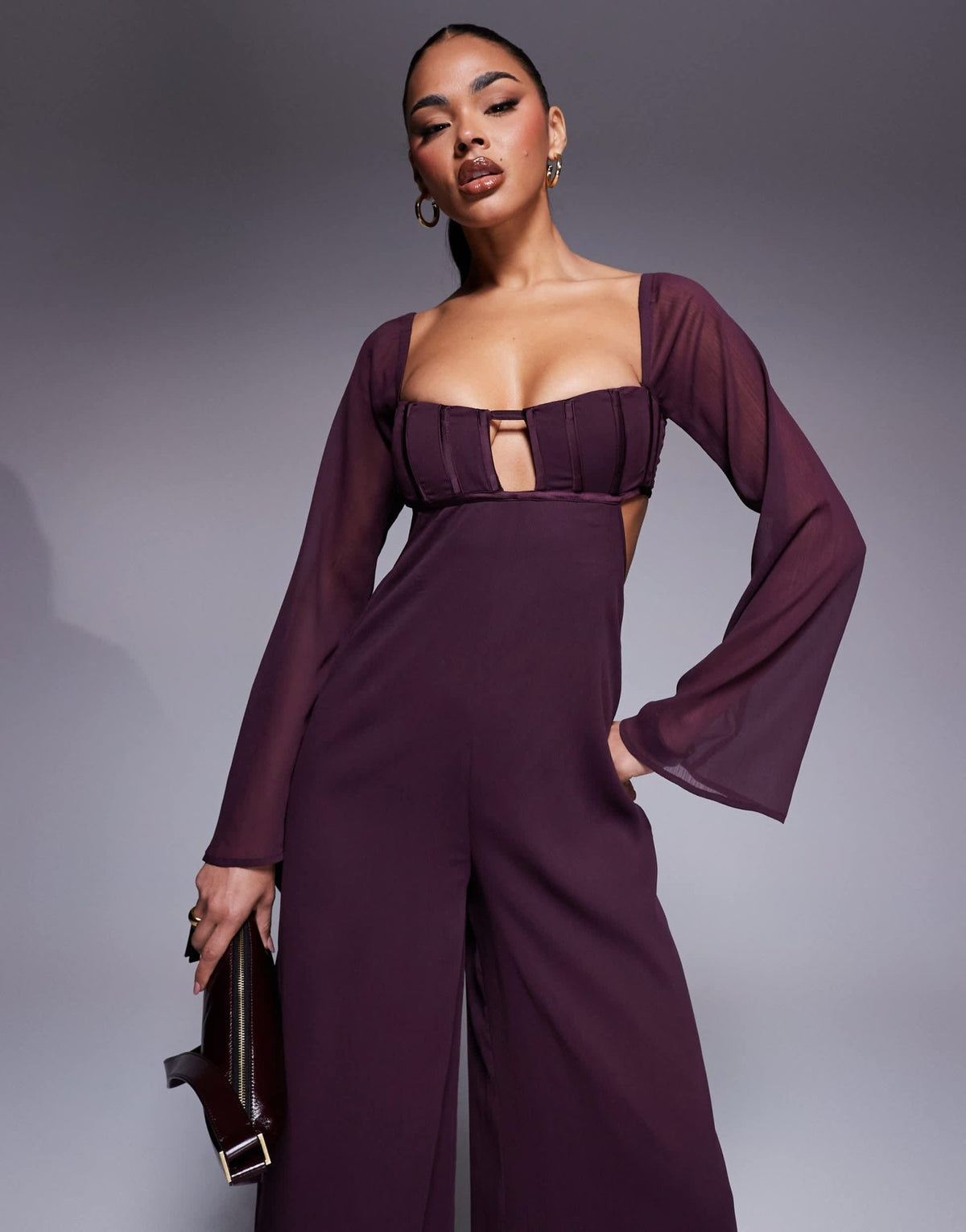 ASOS DESIGN satin corset bust wide leg jumpsuit with cut out in berry - ASOS Sample Sale
