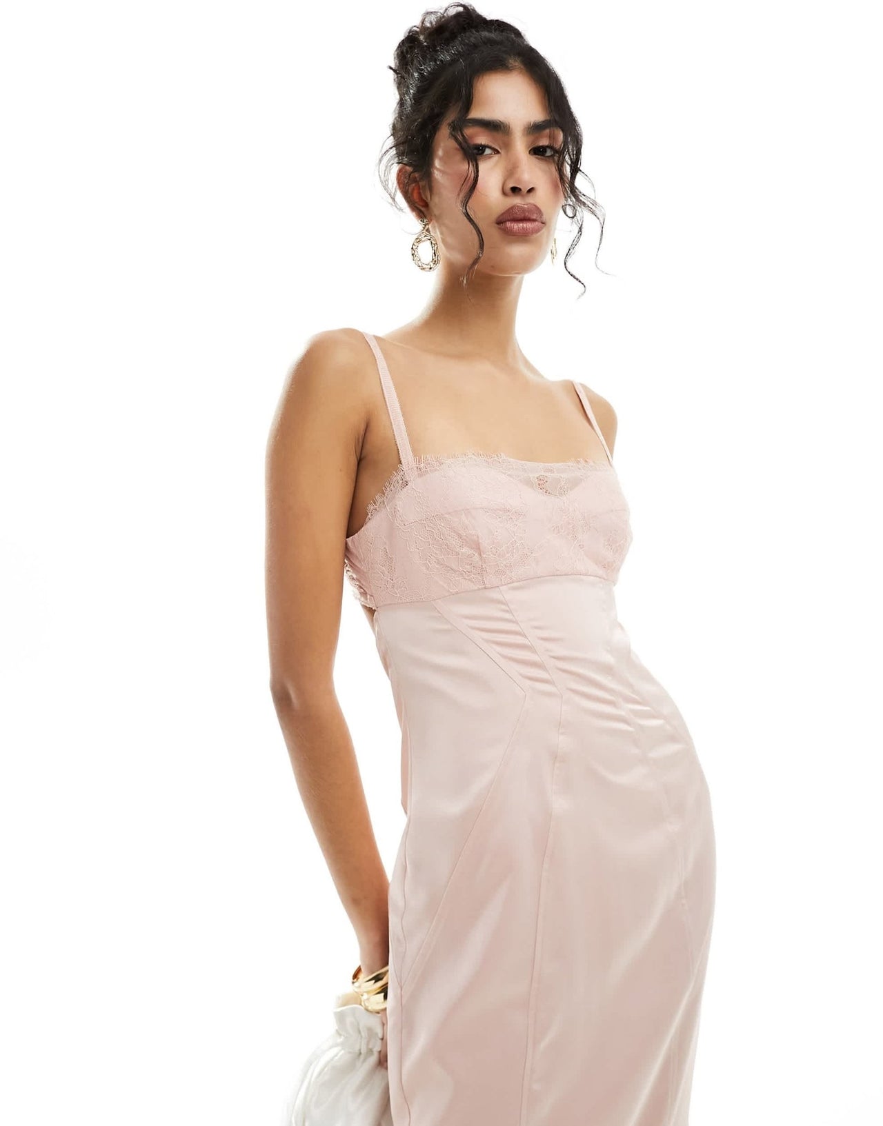 ASOS DESIGN satin corset pencil midi dress with lace overlay in pink - ASOS Sample Sale