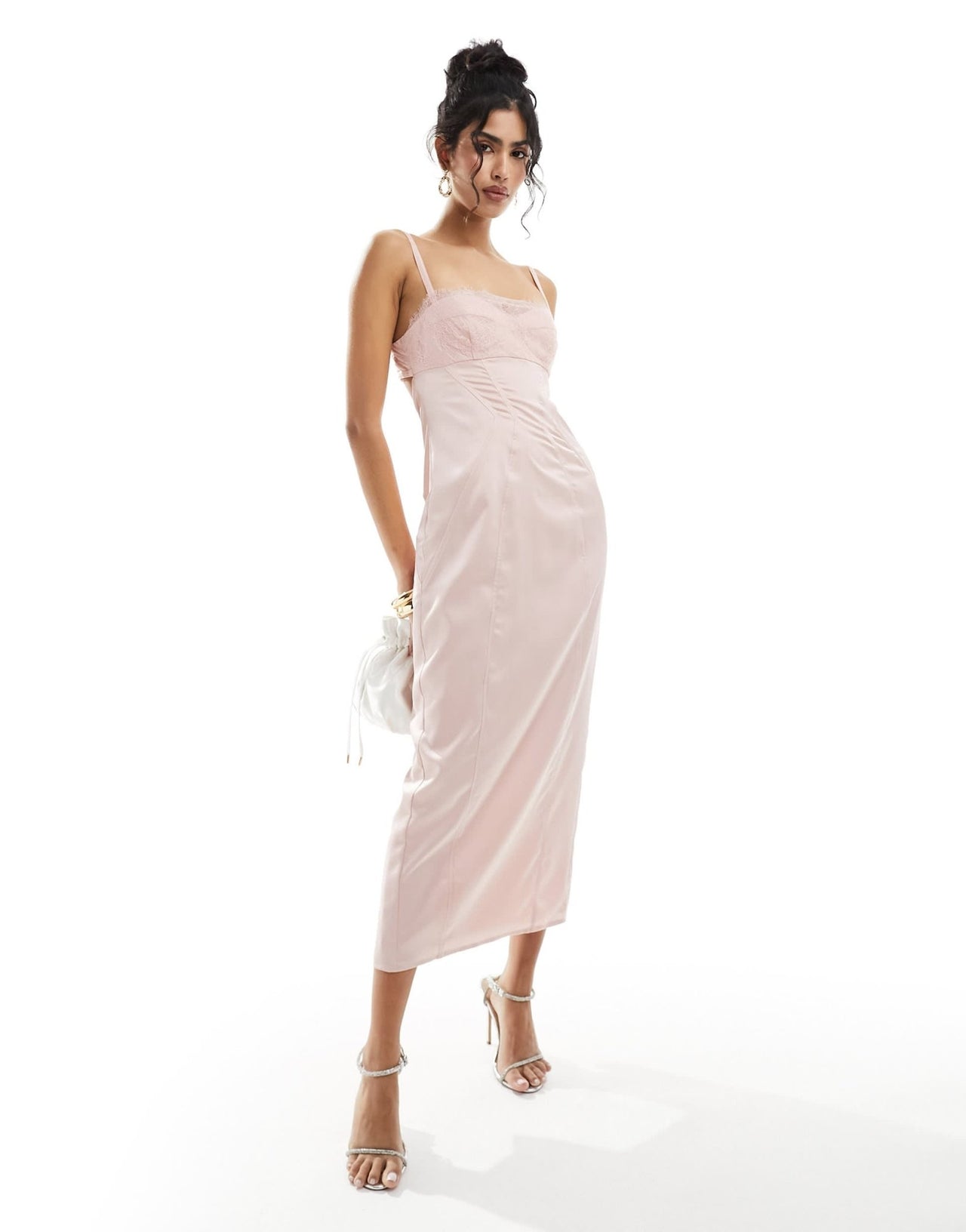 ASOS DESIGN satin corset pencil midi dress with lace overlay in pink - ASOS Sample Sale