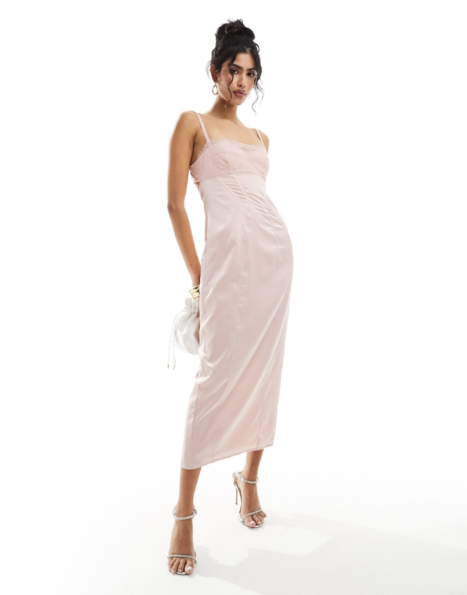 ASOS DESIGN satin corset pencil midi dress with lace overlay in pink - ASOS Sample Sale