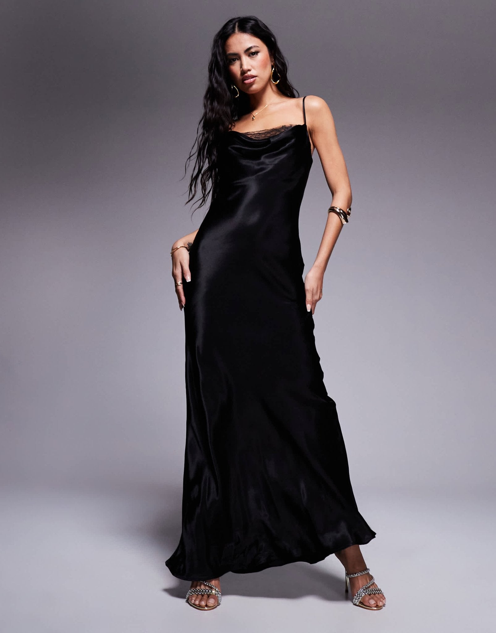 ASOS DESIGN satin cowl lace insert maxi dress in black - ASOS Sample Sale