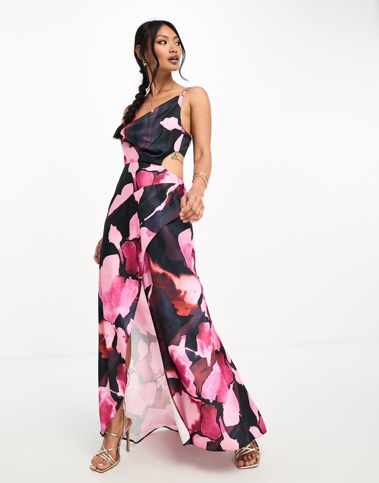 ASOS DESIGN satin cowl midaxi dress with cut out waist and graduated hem in black floral print - ASOS Sample Sale