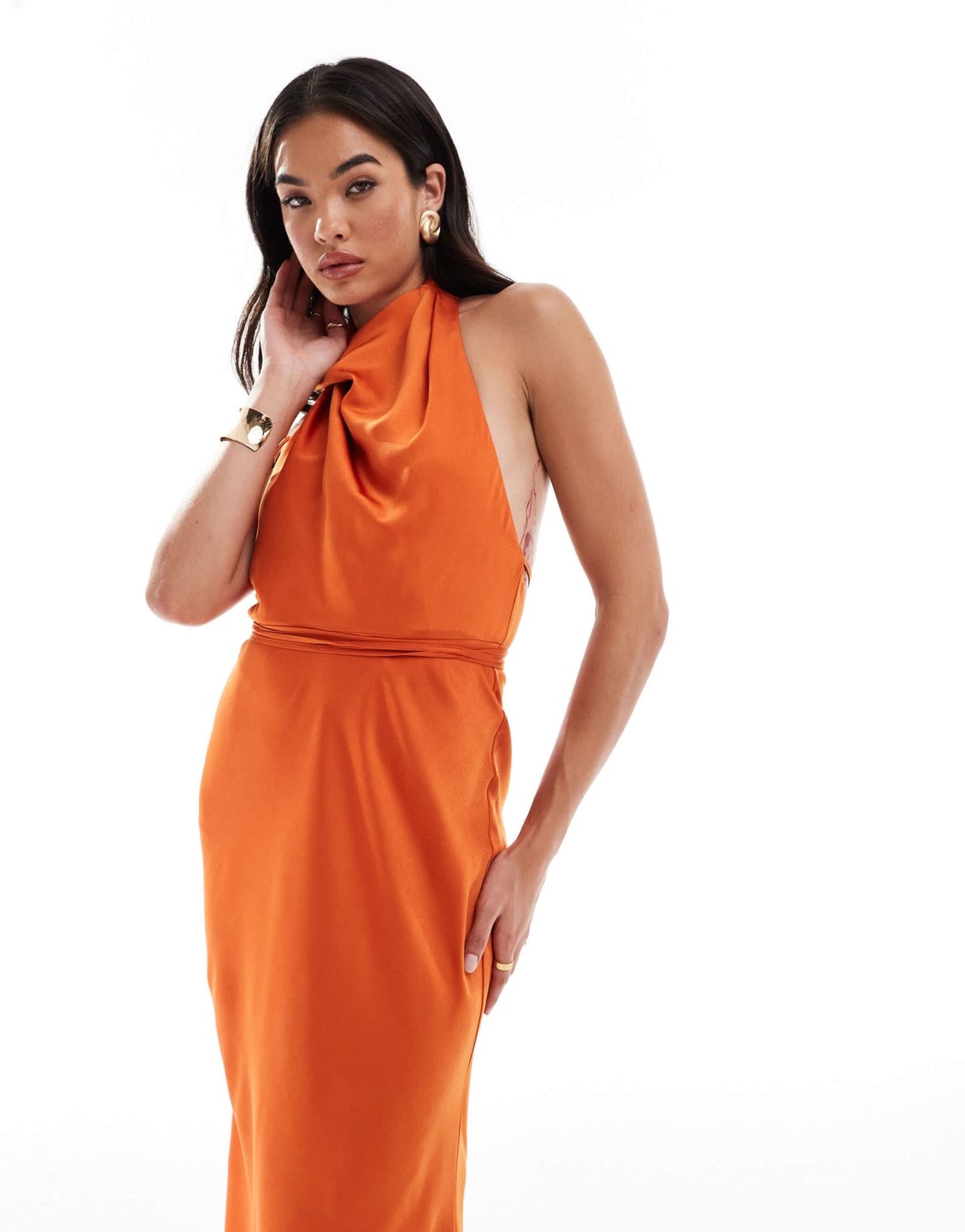 ASOS DESIGN satin cowl neck midaxi dress with tie waist in burnt orange - ASOS Sample Sale