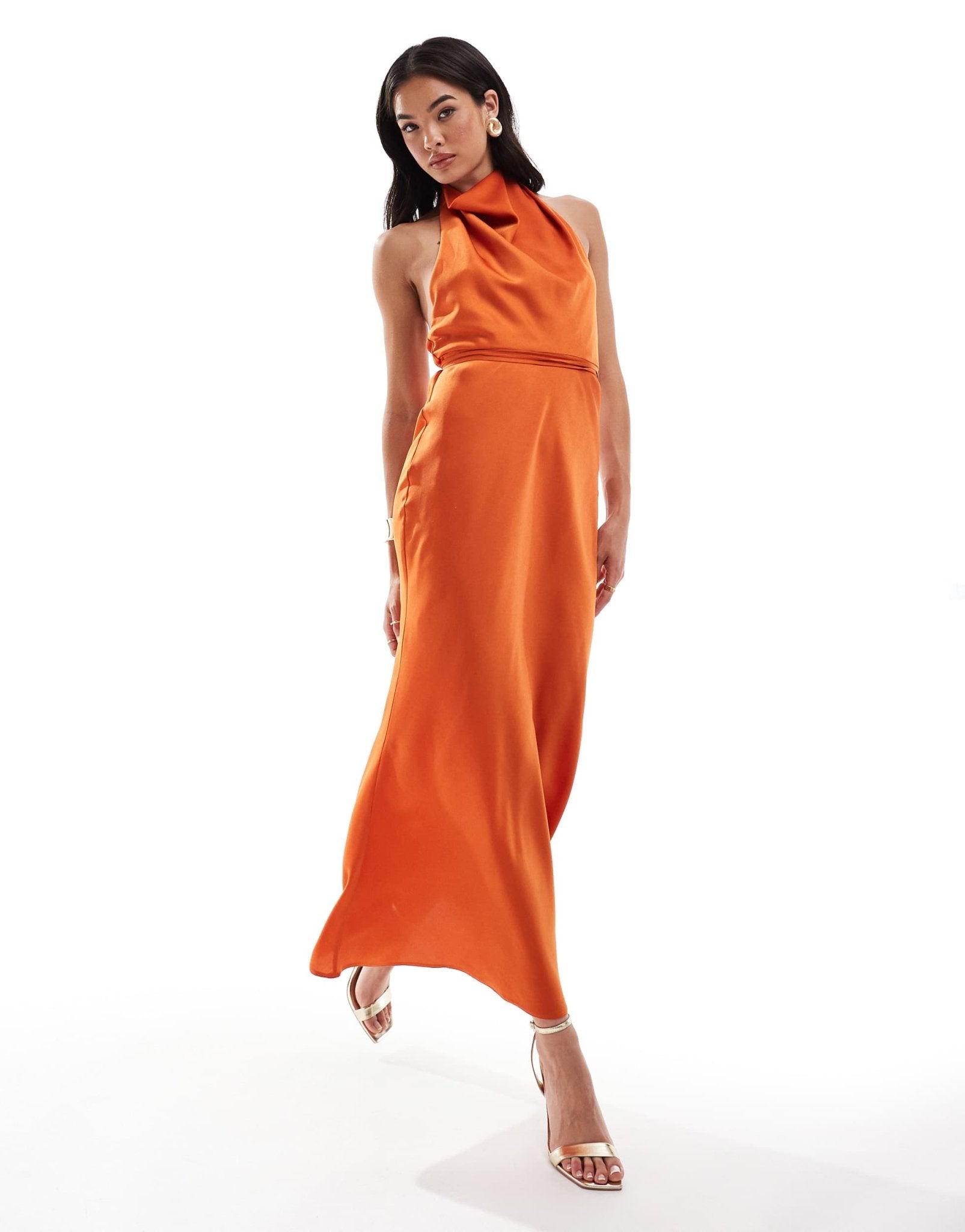 ASOS DESIGN satin cowl neck midaxi dress with tie waist in burnt orange - ASOS Sample Sale