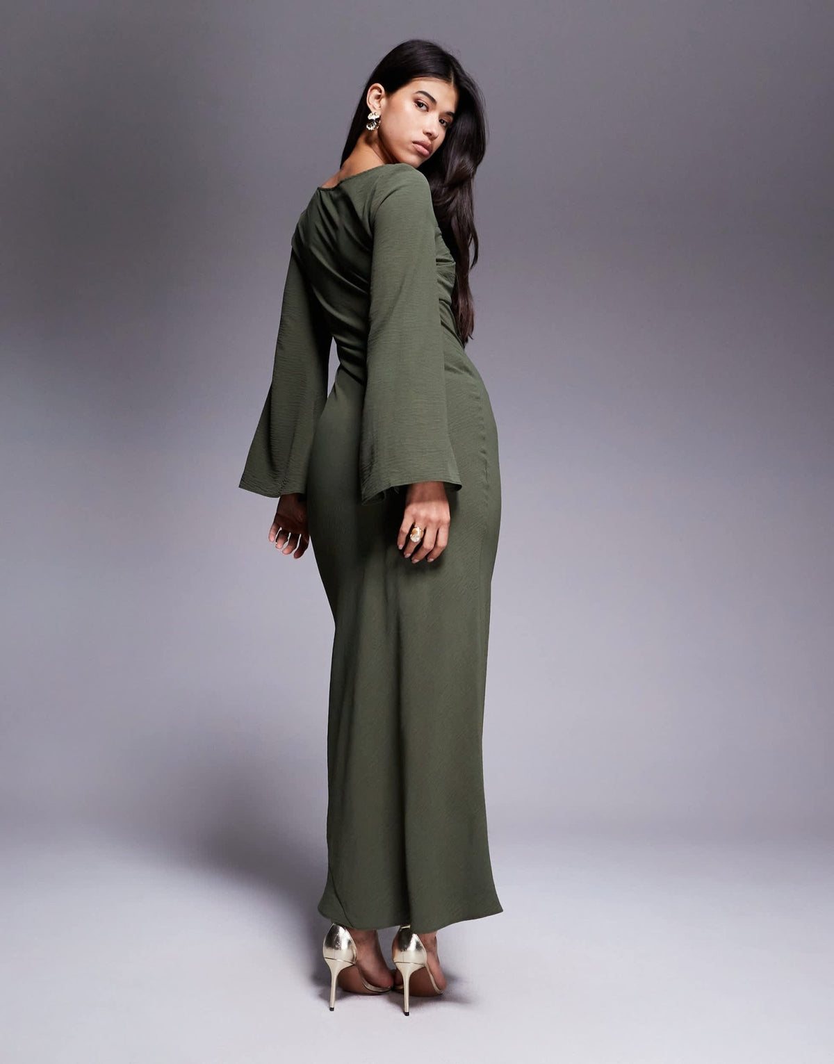 ASOS DESIGN satin cross bust cutout detail midi dress in dark khaki - ASOS Sample Sale
