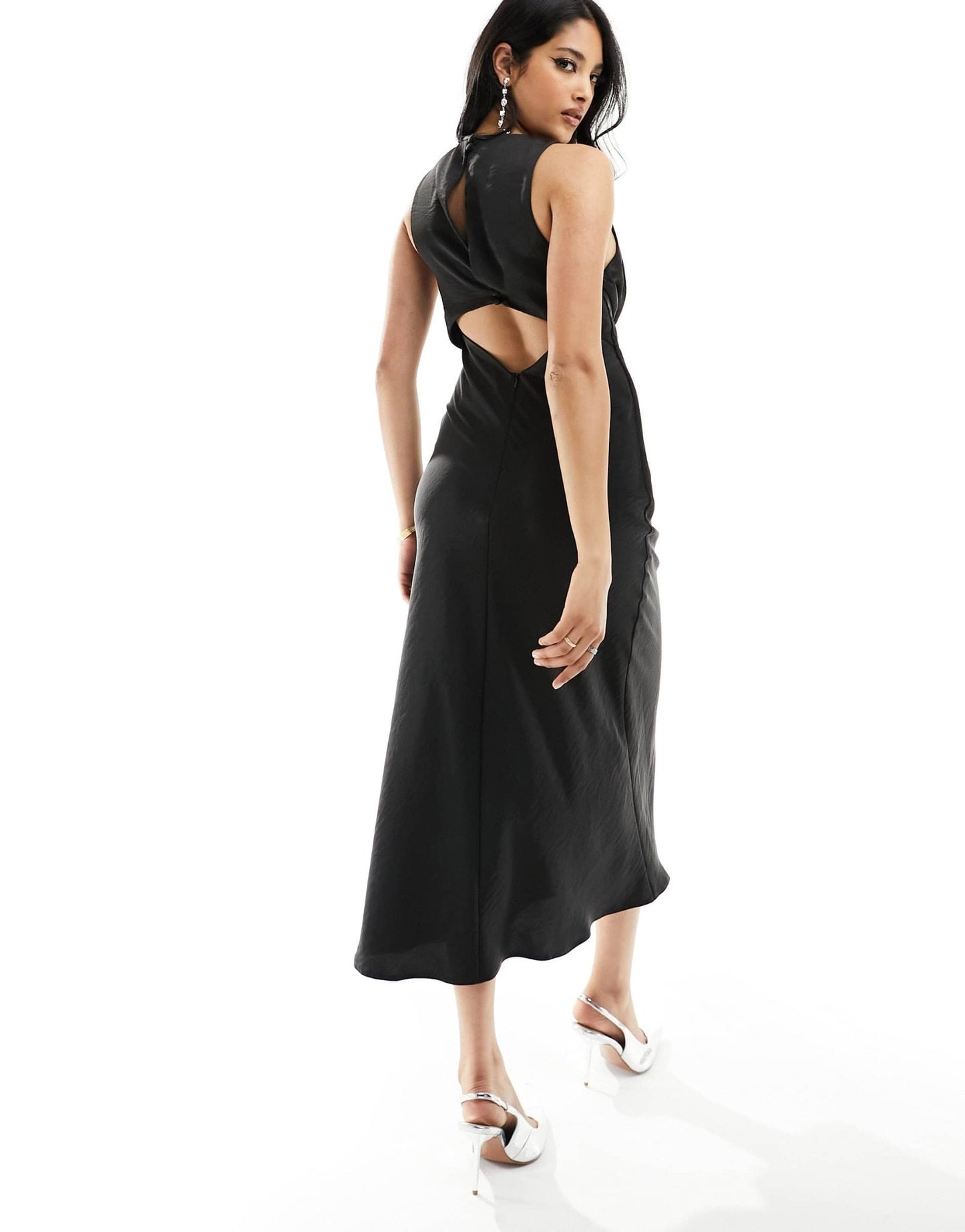 ASOS DESIGN satin cut out midi dress with tie front detail in black - ASOS Sample Sale