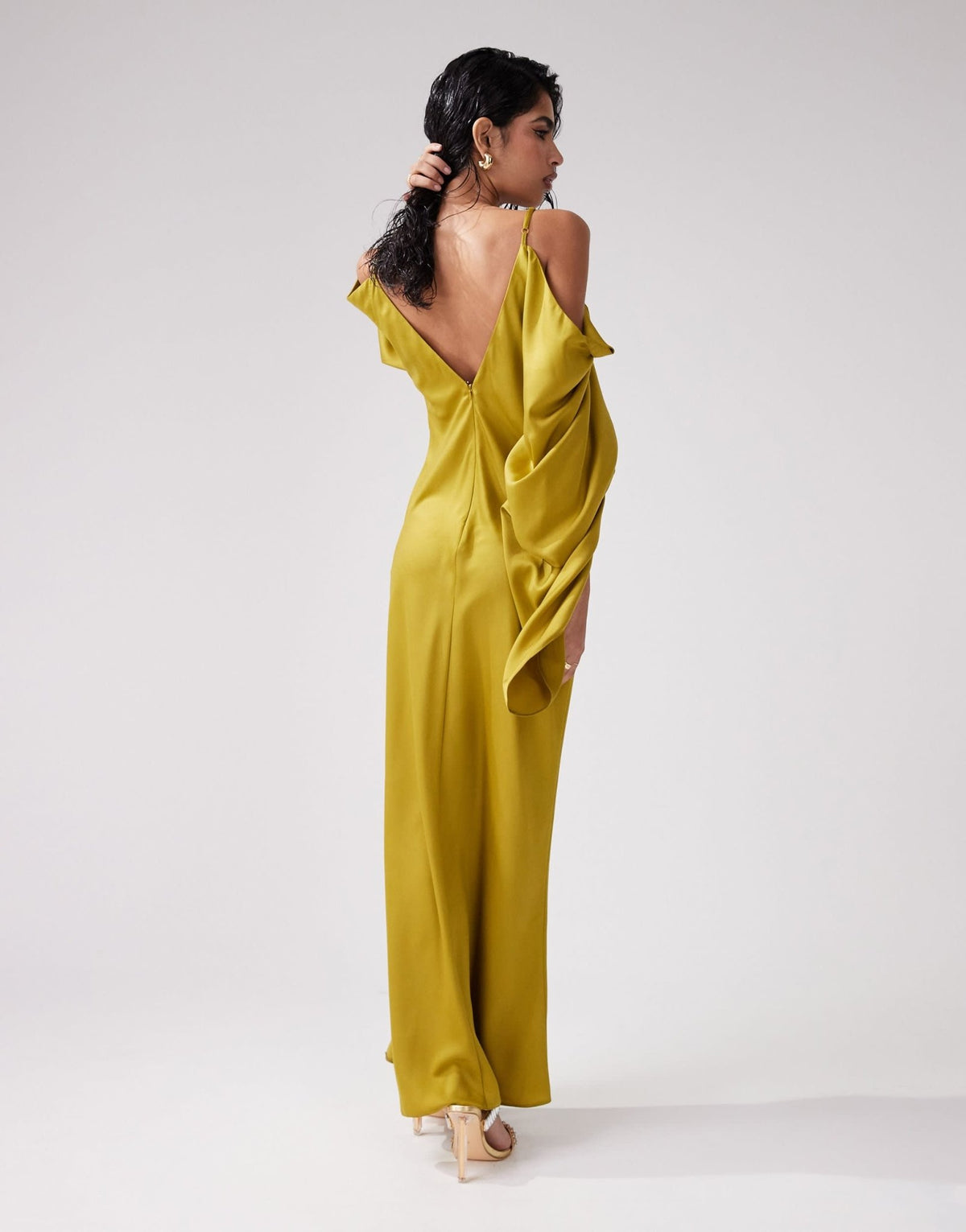 ASOS DESIGN satin extreme sleeve cold shoulder maxi dress in olive green - ASOS Sample Sale