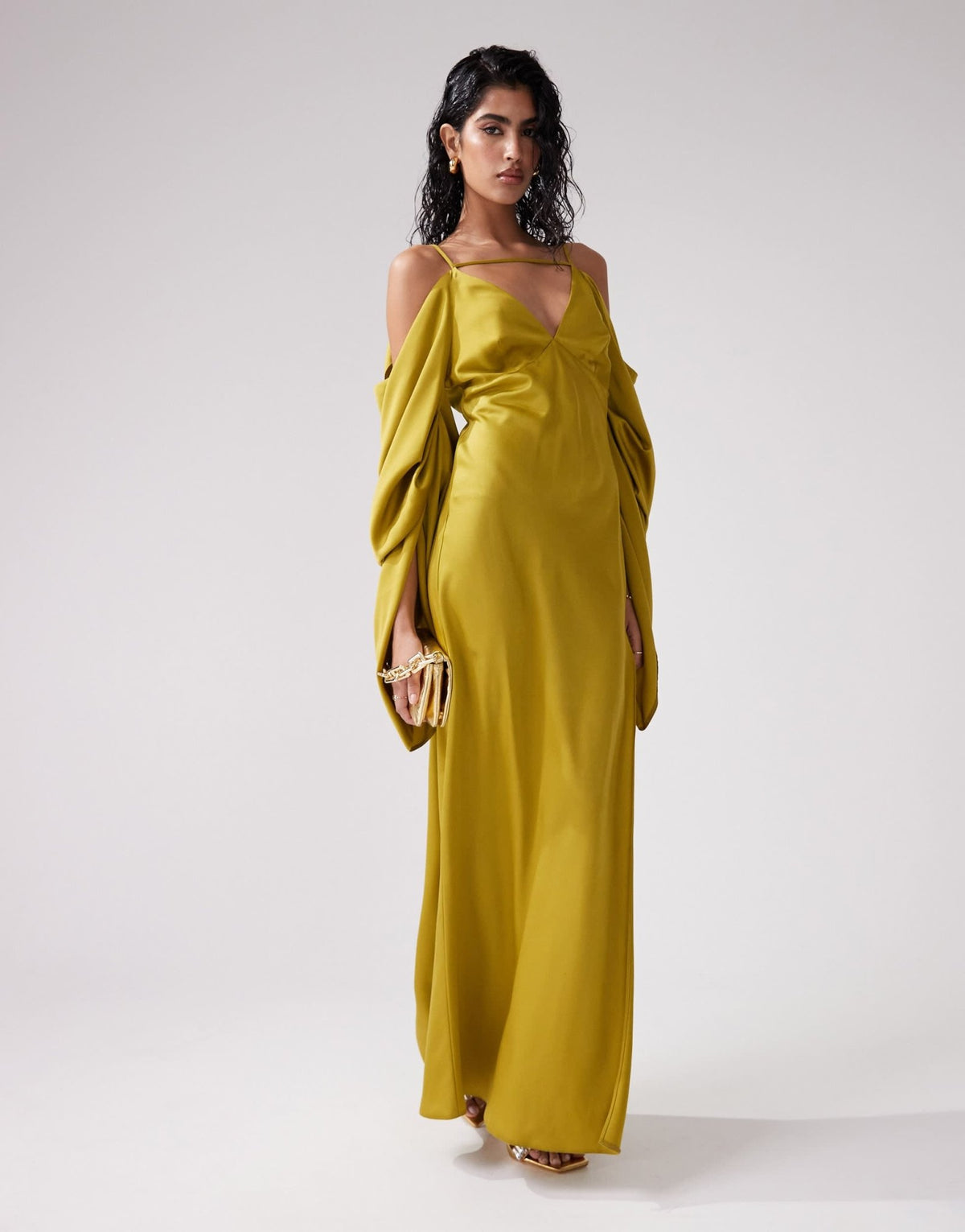 ASOS DESIGN satin extreme sleeve cold shoulder maxi dress in olive green - ASOS Sample Sale