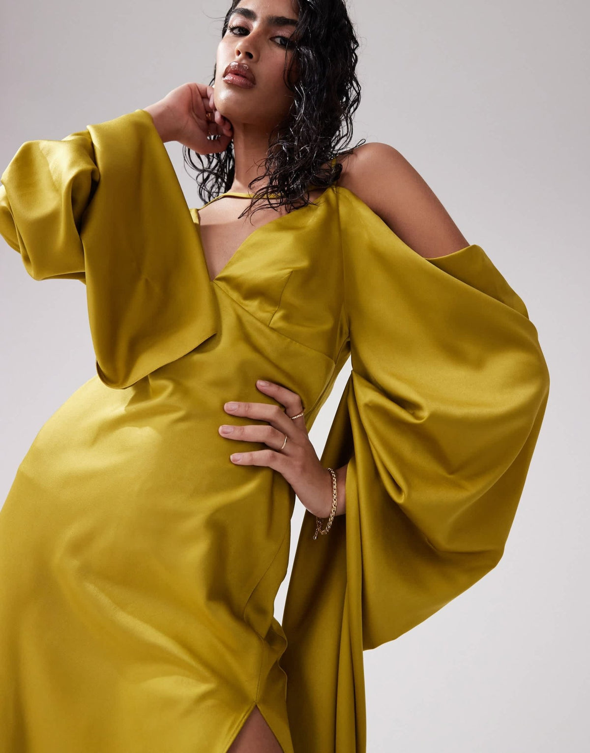 ASOS DESIGN satin extreme sleeve cold shoulder maxi dress in olive green - ASOS Sample Sale
