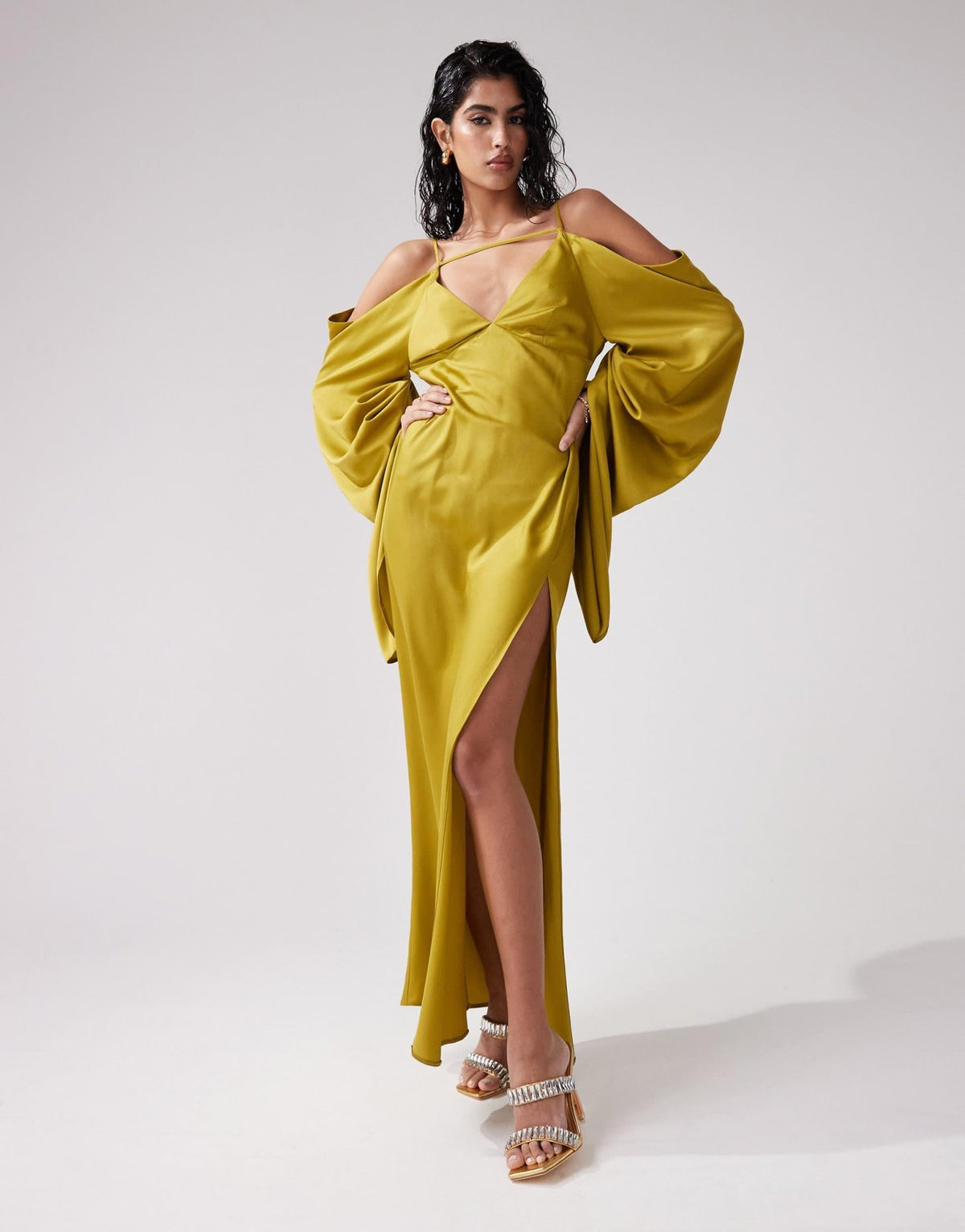ASOS DESIGN satin extreme sleeve cold shoulder maxi dress in olive green - ASOS Sample Sale