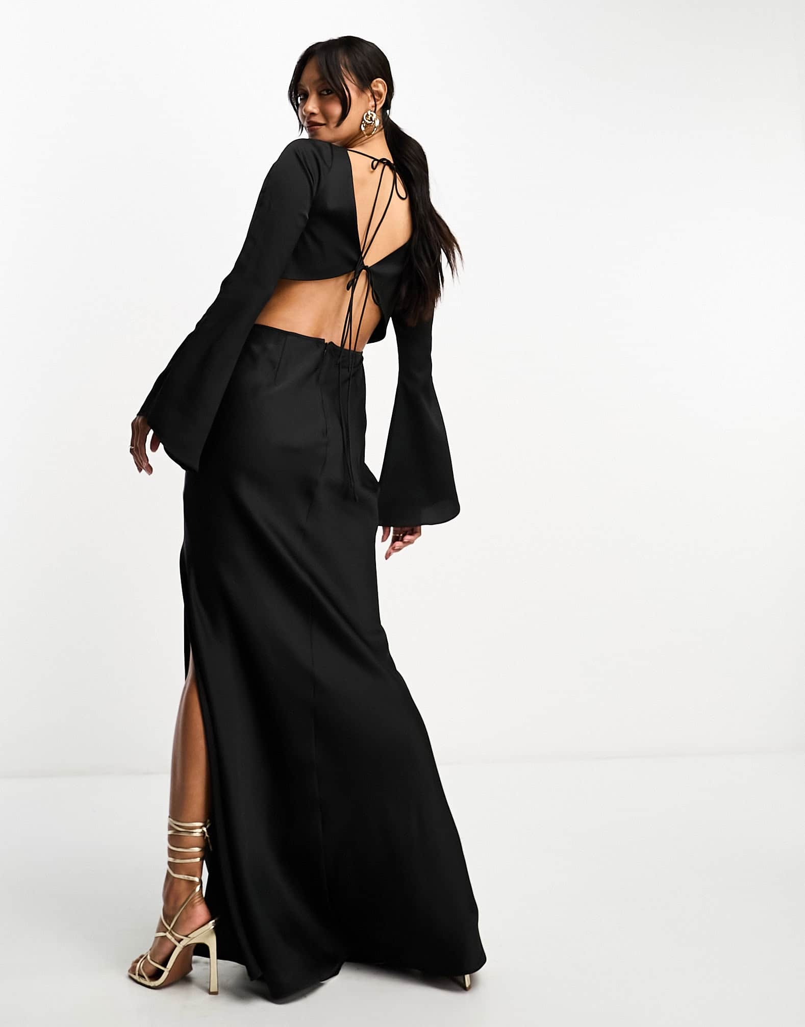 ASOS DESIGN satin flare sleeve cut out maxi dress in black - ASOS Sample Sale