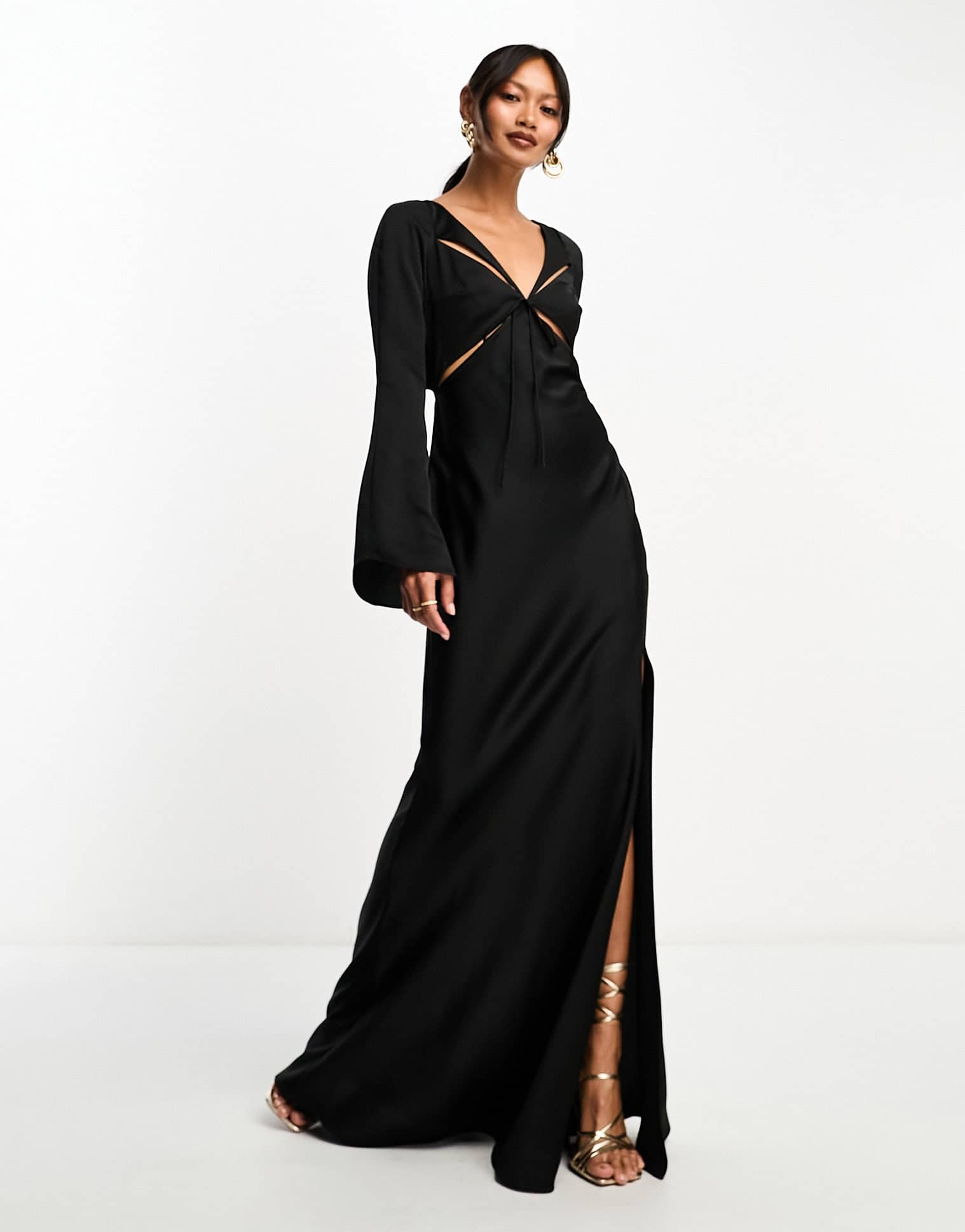 ASOS DESIGN satin flare sleeve cut out maxi dress in black - ASOS Sample Sale