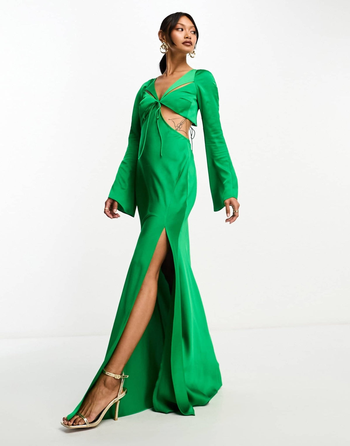 ASOS DESIGN satin flare sleeve cut out maxi dress in green - ASOS Sample Sale