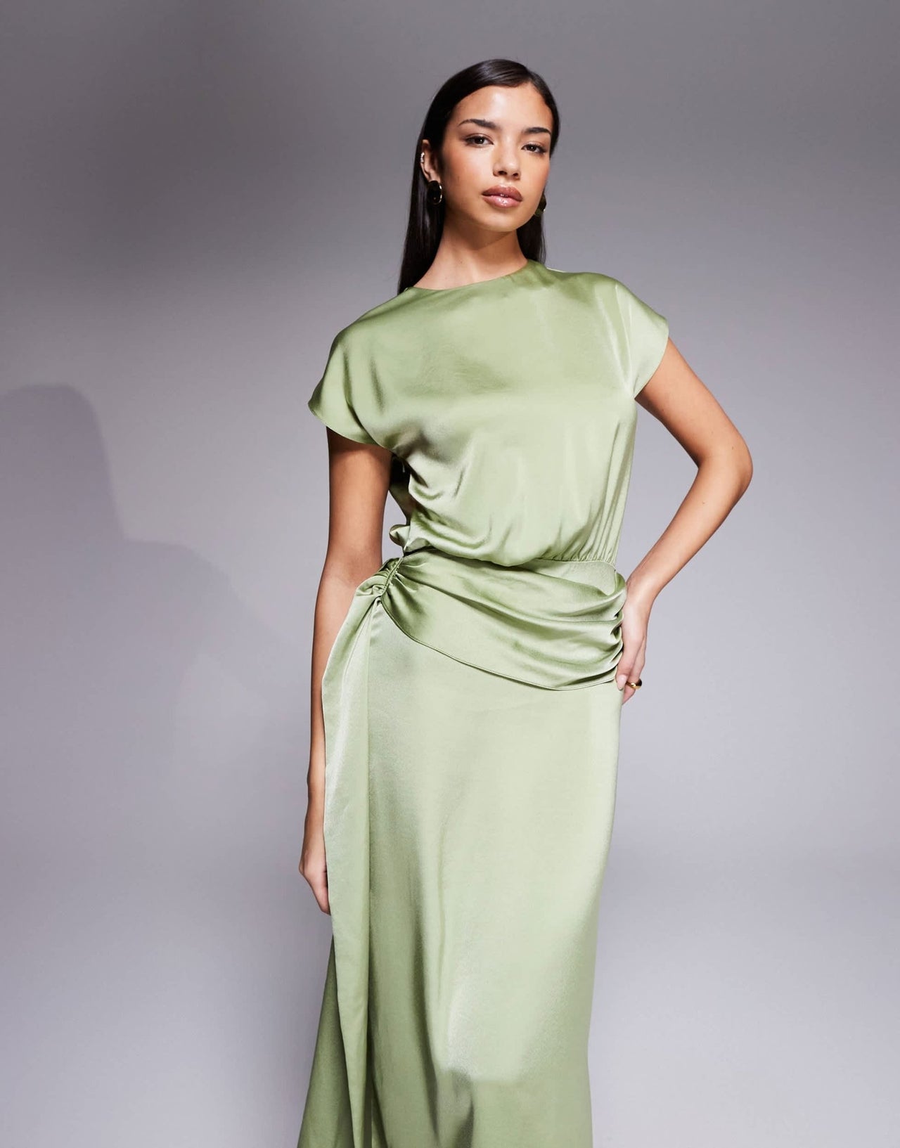 ASOS DESIGN satin flutter sleeve draped waist maxi dress in sage green - ASOS Sample Sale